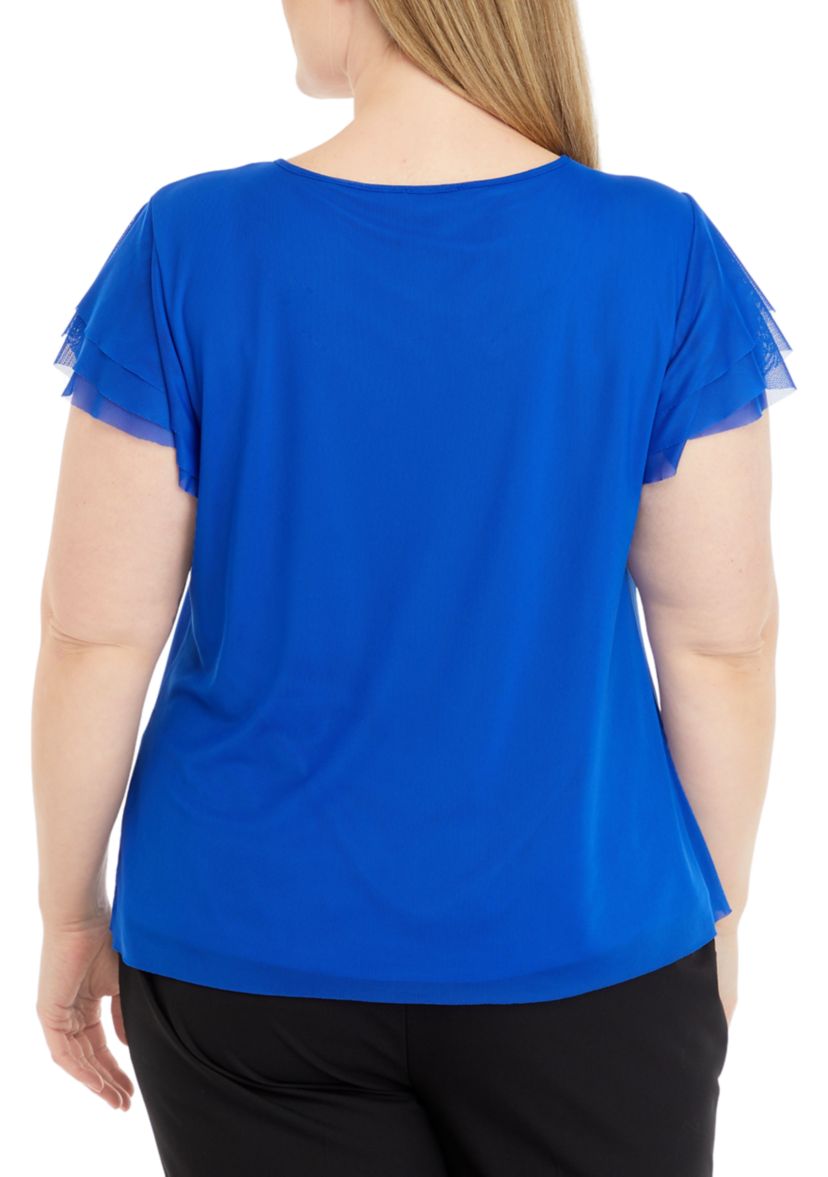 Plus Size Crew Neck Blouse with Flutter Sleeves