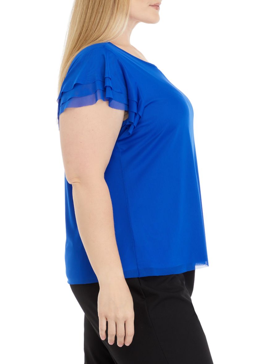 Plus Size Crew Neck Blouse with Flutter Sleeves