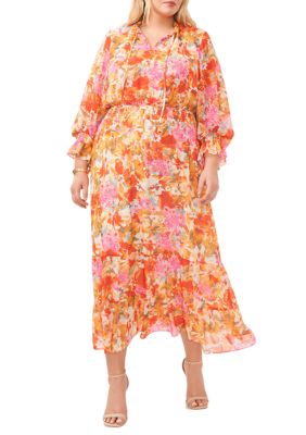 Final Sale Plus Size Maxi Dress with Cut Outs in Orange & Pink Print S