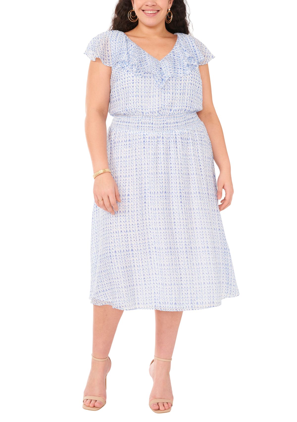 Plus Size V-Neck Smocked Waist Midi Dress with Ruffles