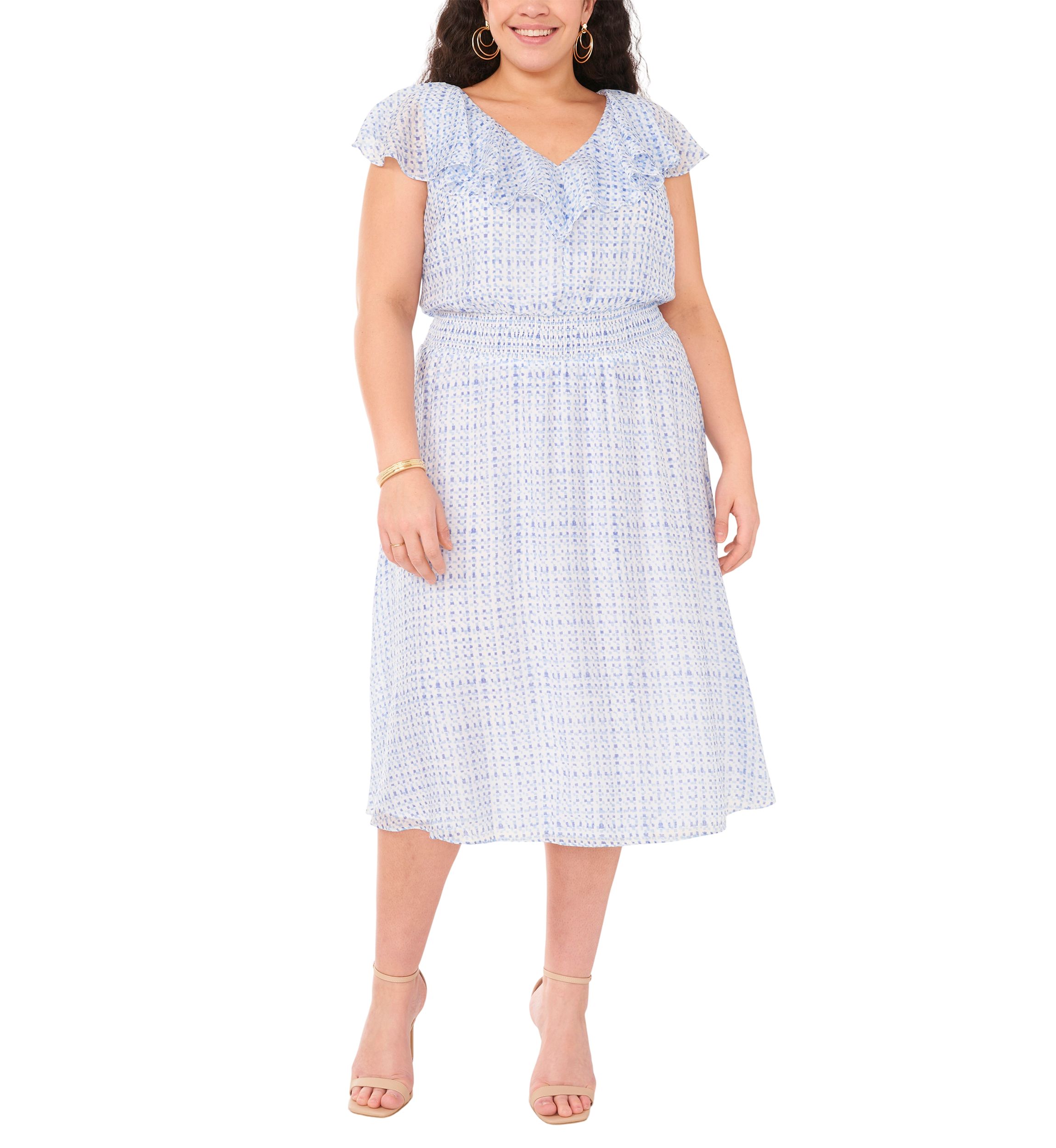 Plus Size V-Neck Smocked Waist Midi Dress with Ruffles