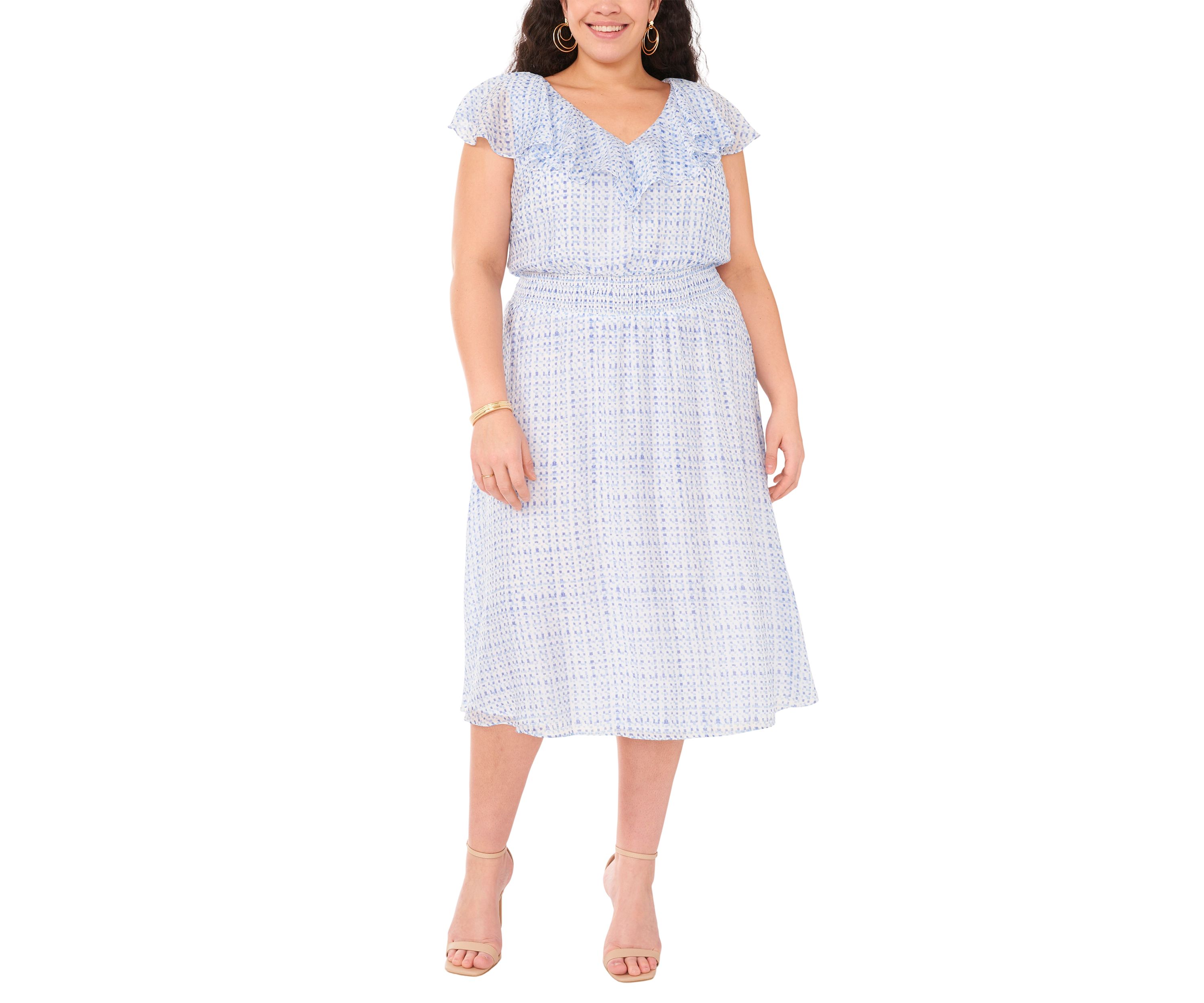Plus Size V-Neck Smocked Waist Midi Dress with Ruffles