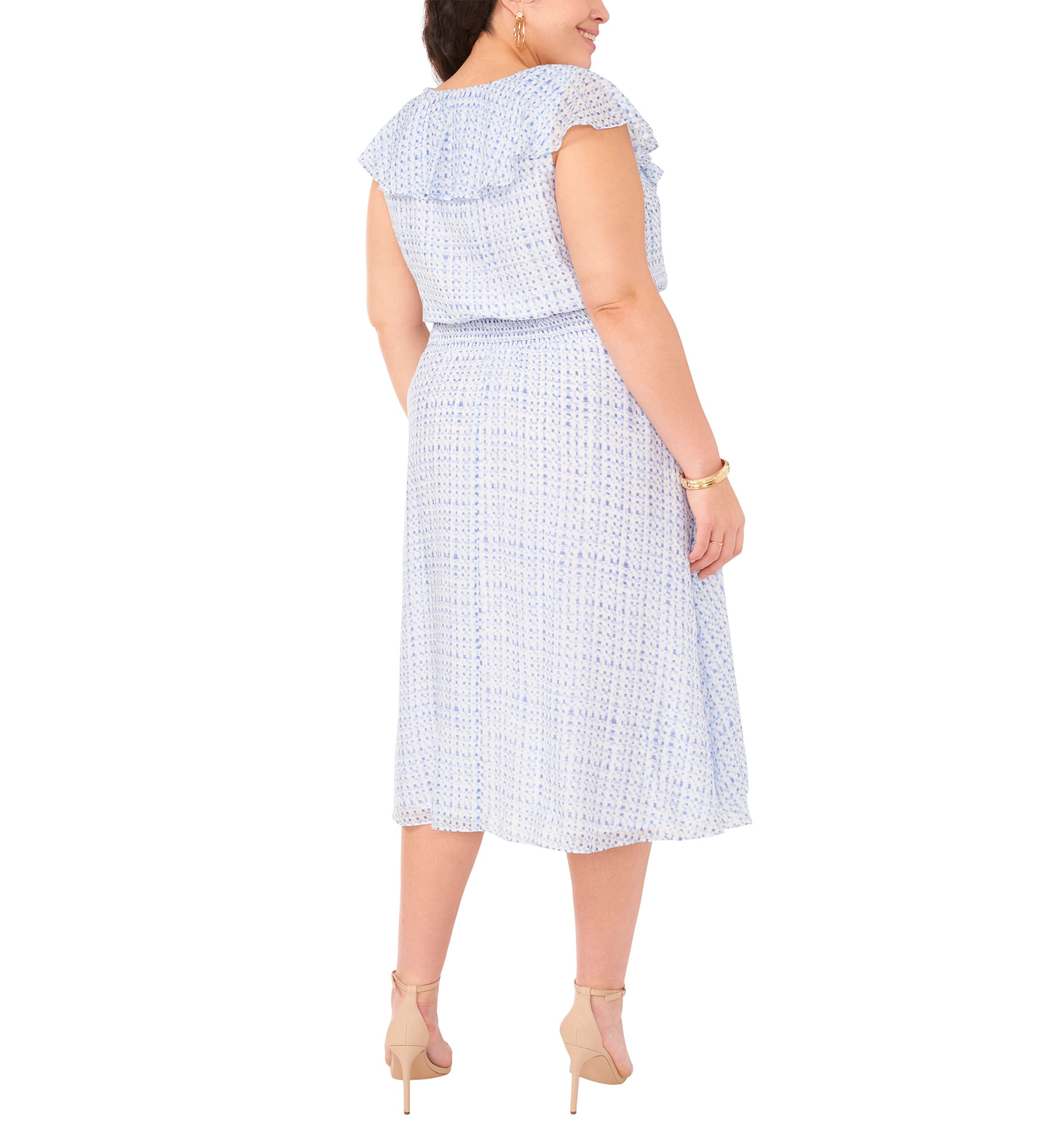 Plus Size V-Neck Smocked Waist Midi Dress with Ruffles