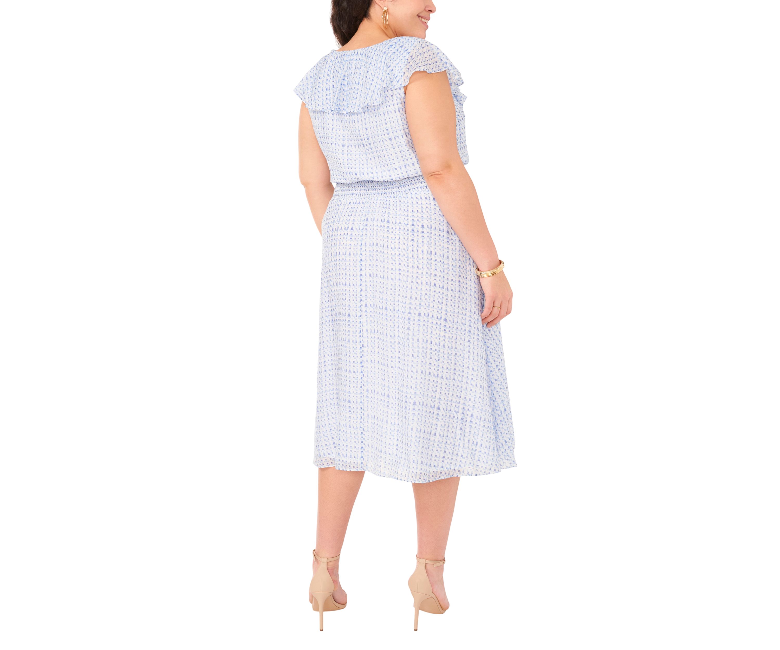 Plus Size V-Neck Smocked Waist Midi Dress with Ruffles