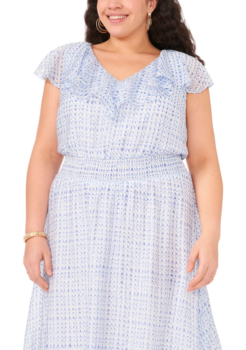 Plus Size V-Neck Smocked Waist Midi Dress with Ruffles