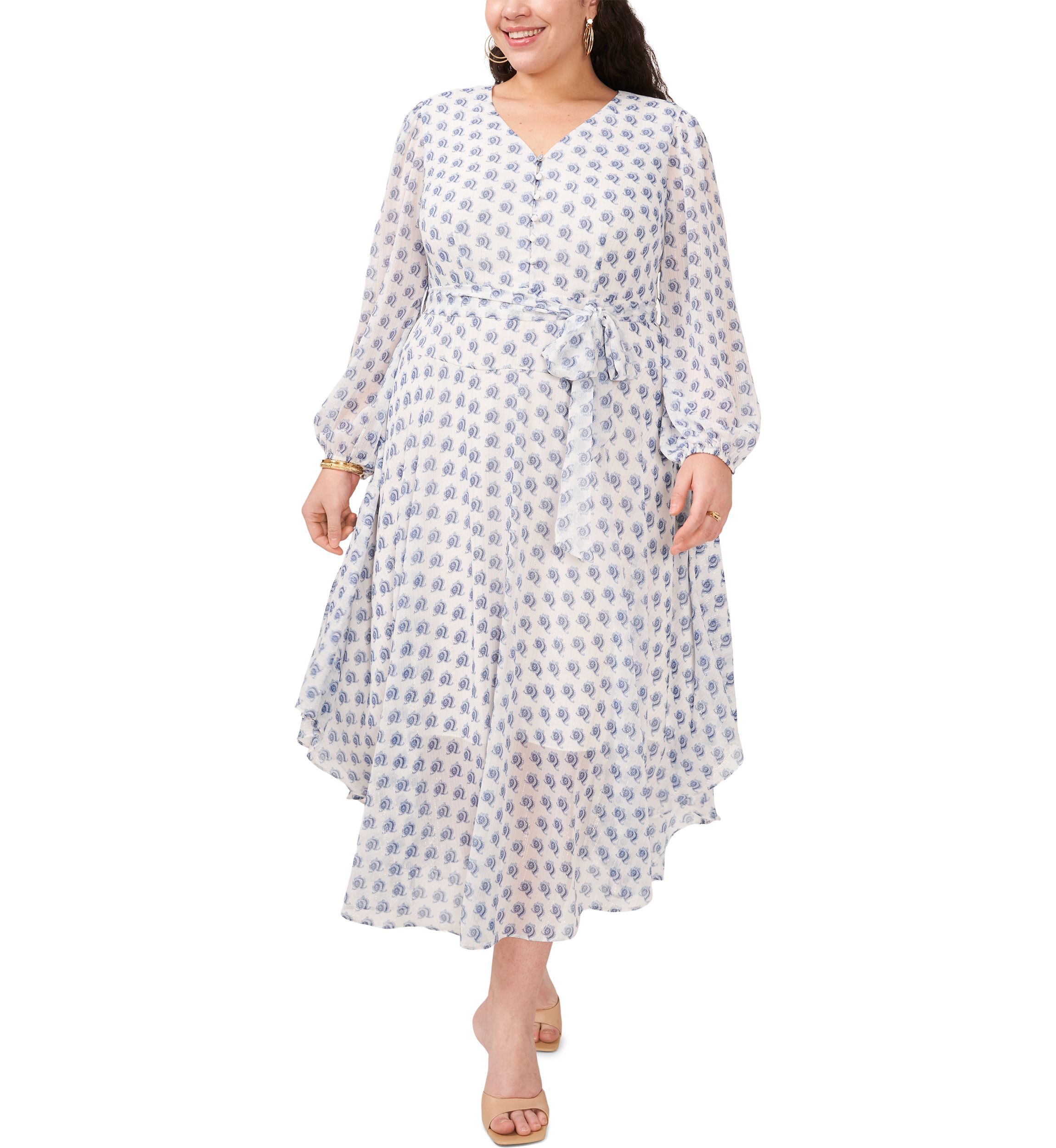 Plus Size V-Neck Tie Wais Printed Maxi Dress