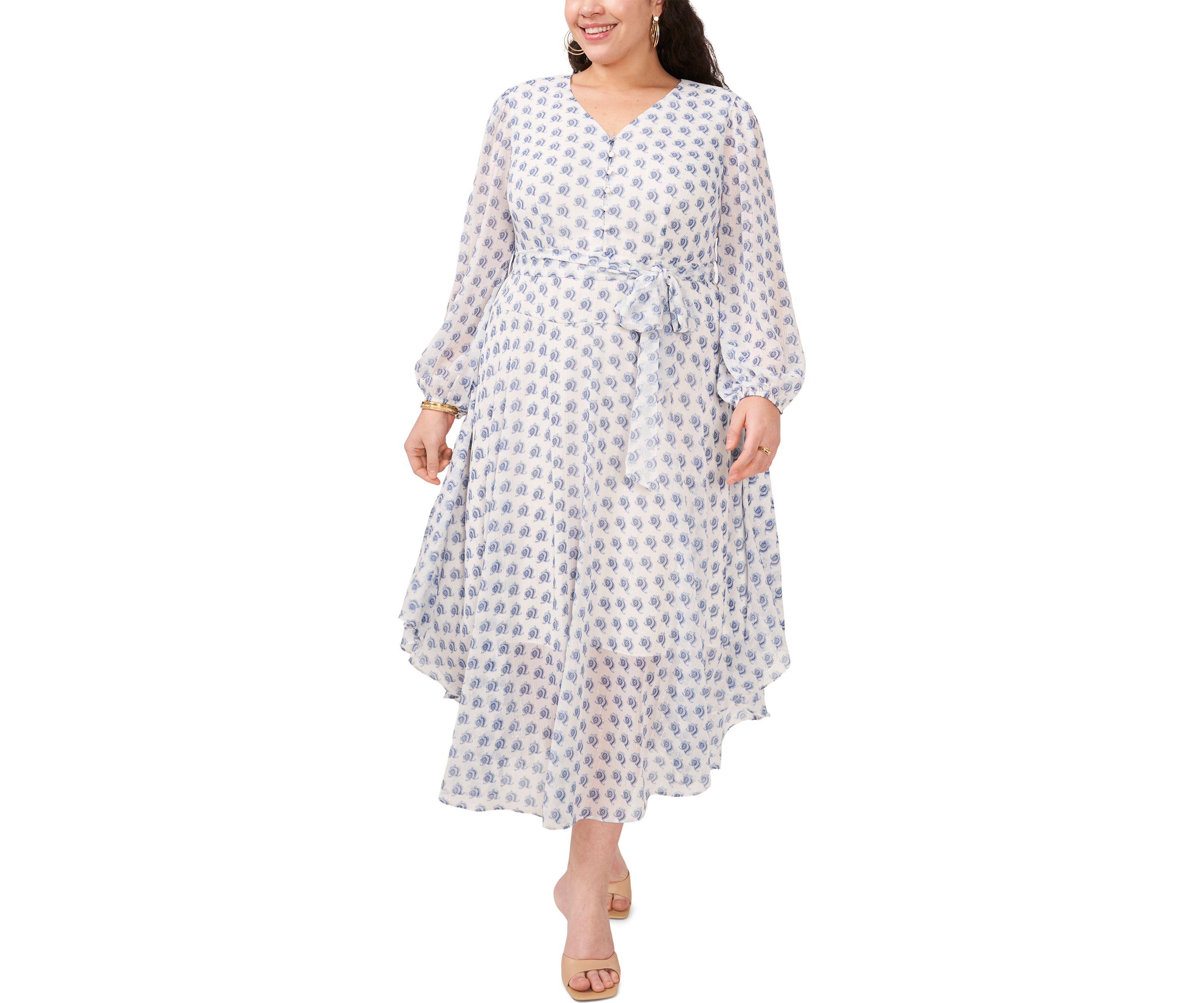 Plus Size V-Neck Tie Wais Printed Maxi Dress