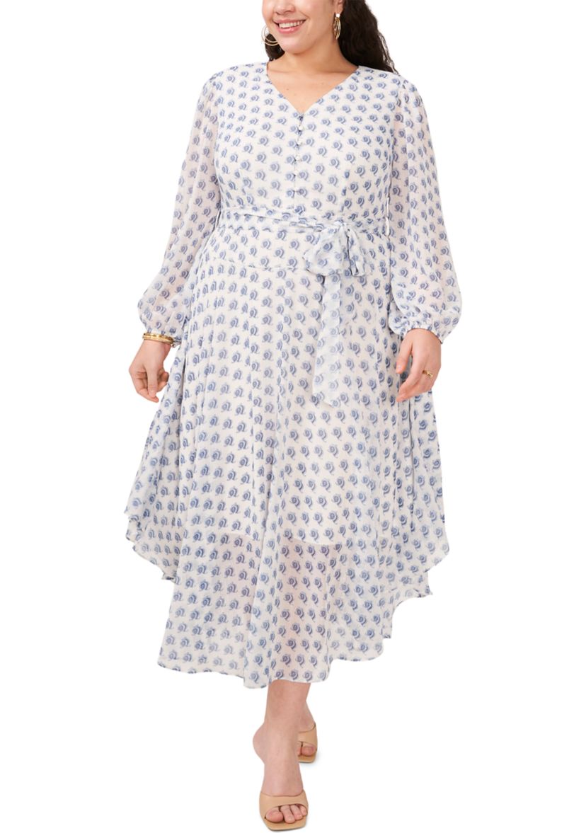 Plus Size V-Neck Tie Wais Printed Maxi Dress