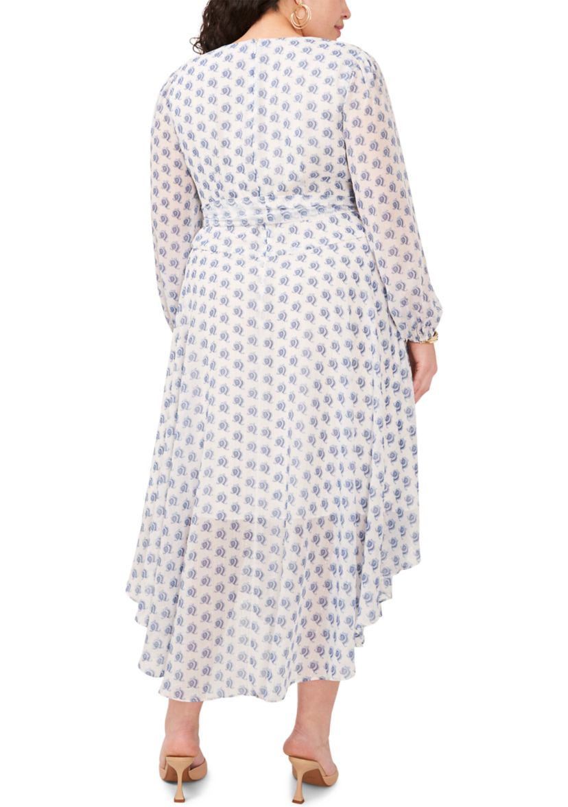 Plus Size V-Neck Tie Wais Printed Maxi Dress