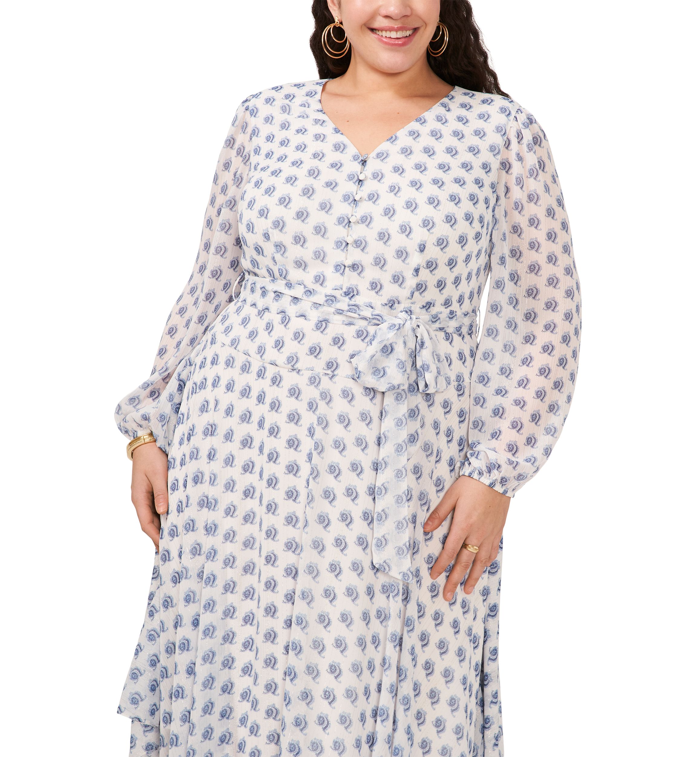 Plus Size V-Neck Tie Wais Printed Maxi Dress