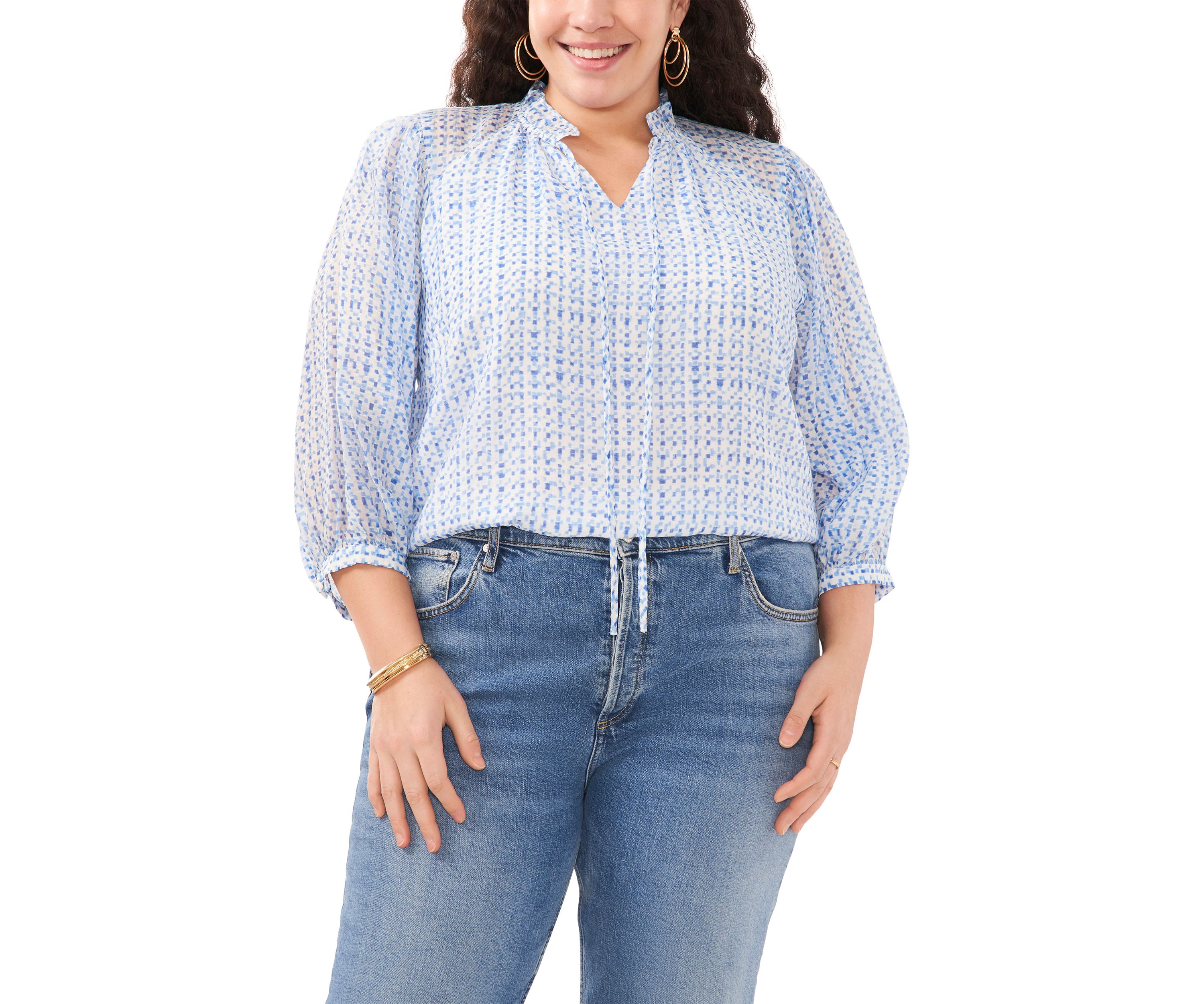 Plus Size Peasant Split Neck Blouse with Ties