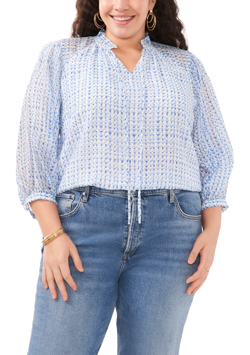 Plus Size Peasant Split Neck Blouse with Ties