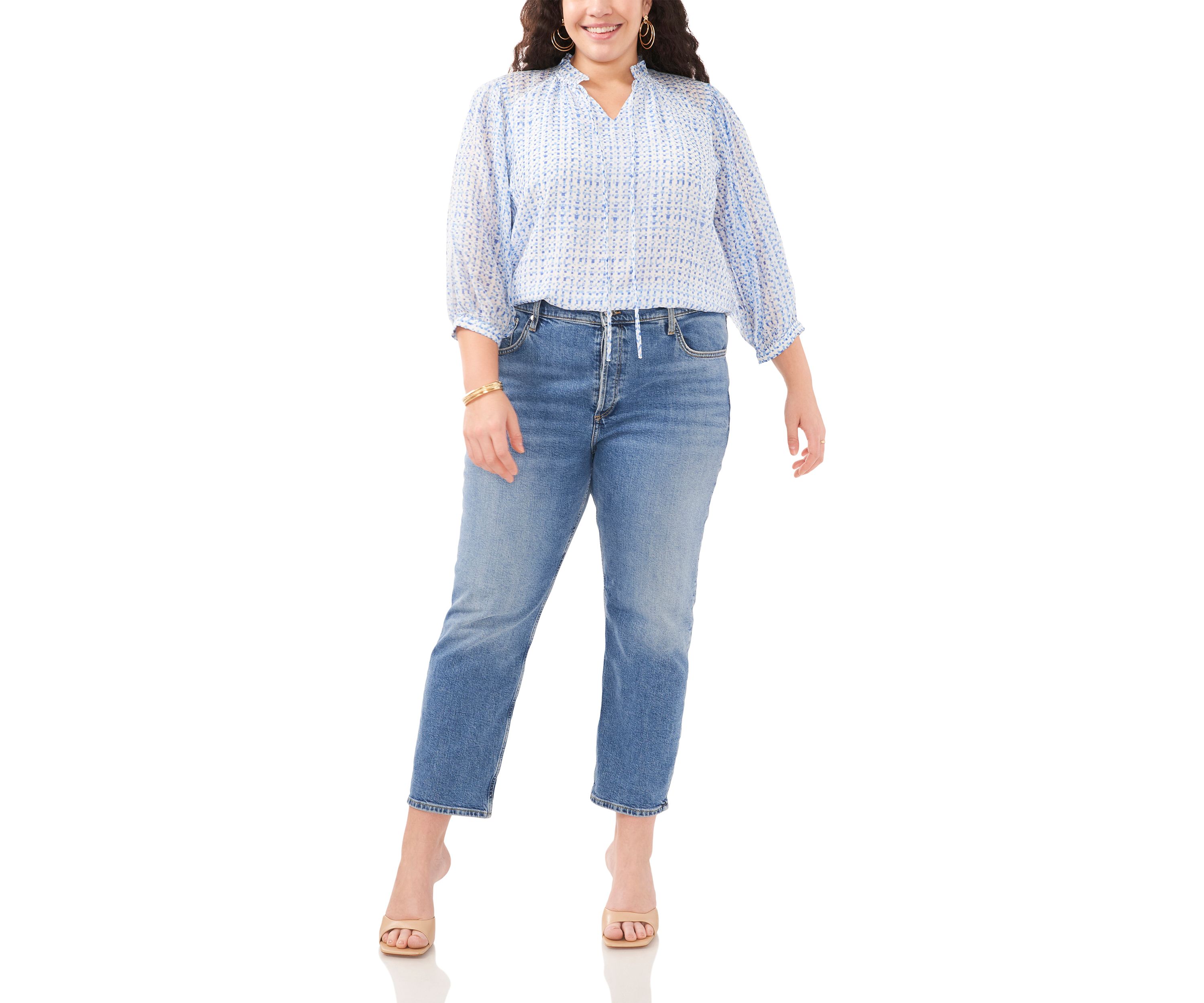 Plus Size Peasant Split Neck Blouse with Ties