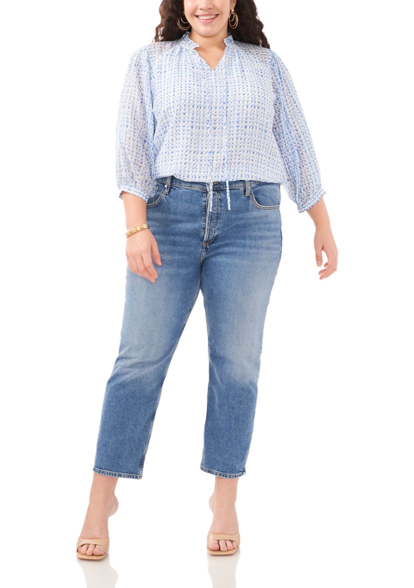 Plus Size Peasant Split Neck Blouse with Ties
