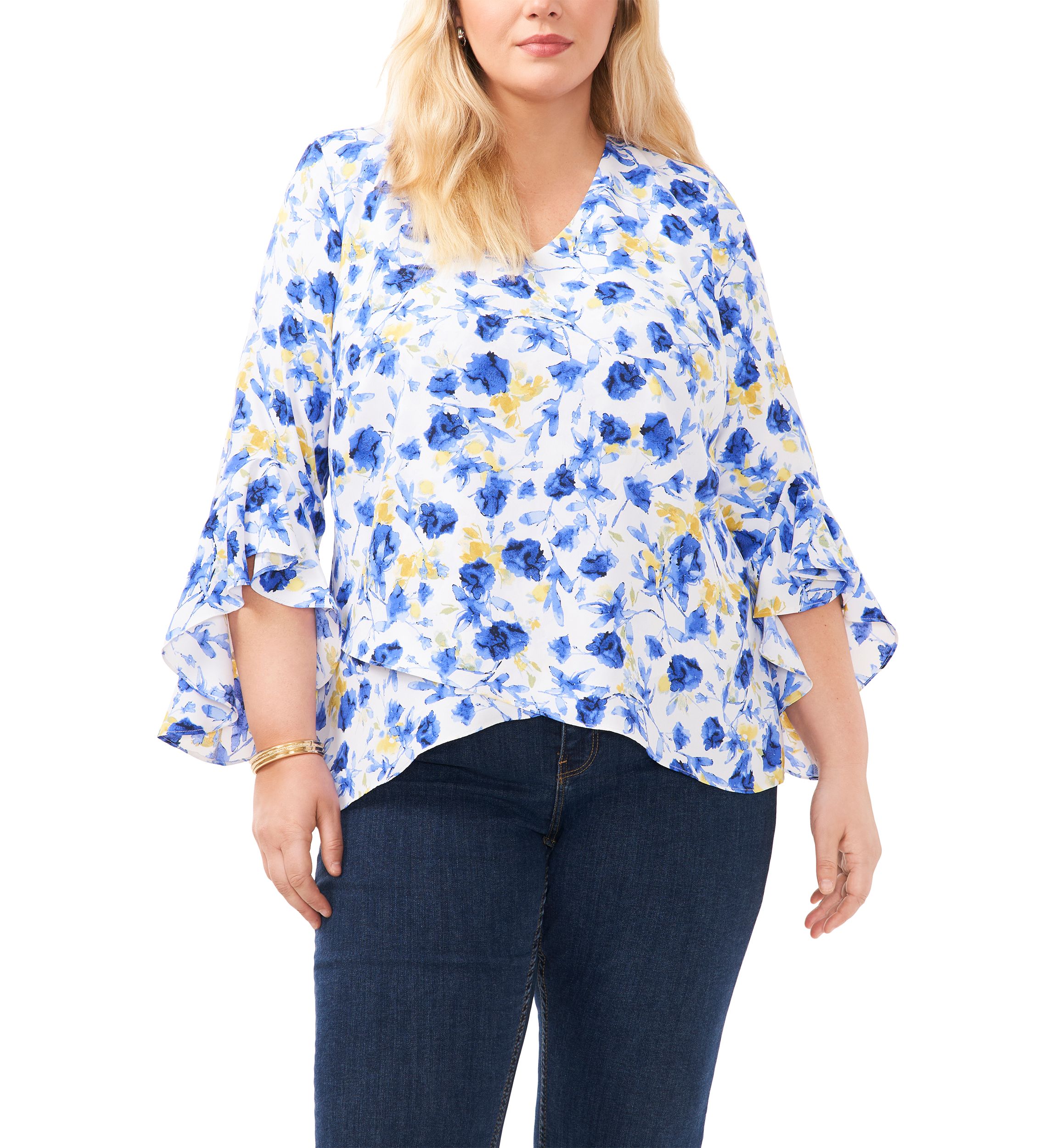 Plus Size V-Neck Blouse with Double Layer Hem