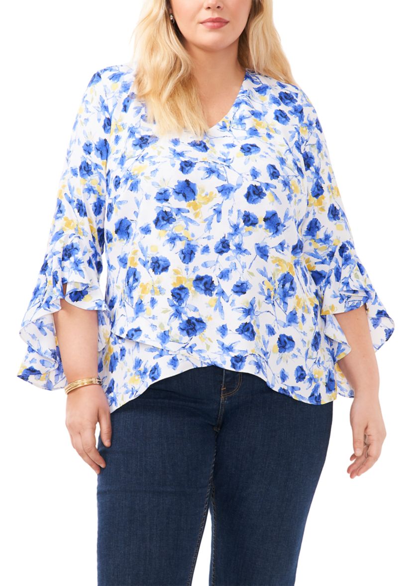 Plus Size V-Neck Blouse with Double Layer Hem