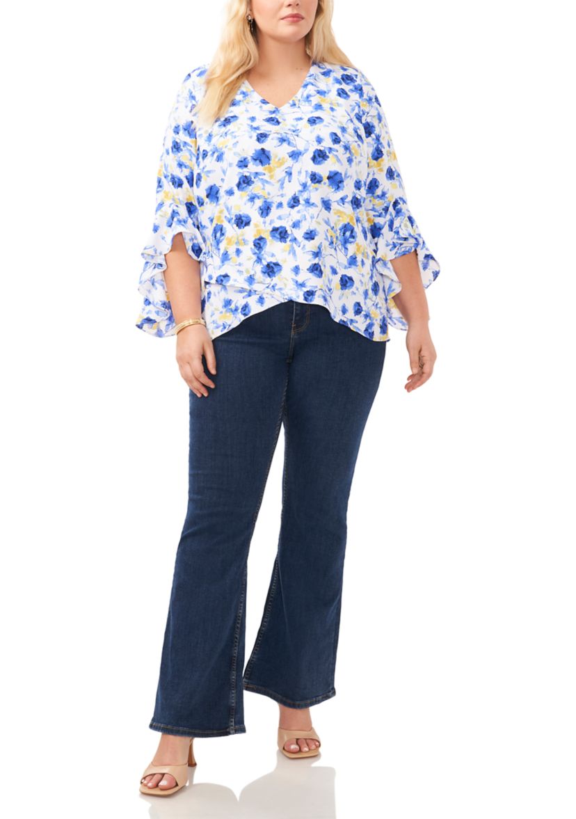 Plus Size V-Neck Blouse with Double Layer Hem