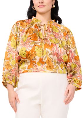 Vince Camuto Women's Plus Size Long Sleeve Split Neck Peasant Blouse, Orange, 3X