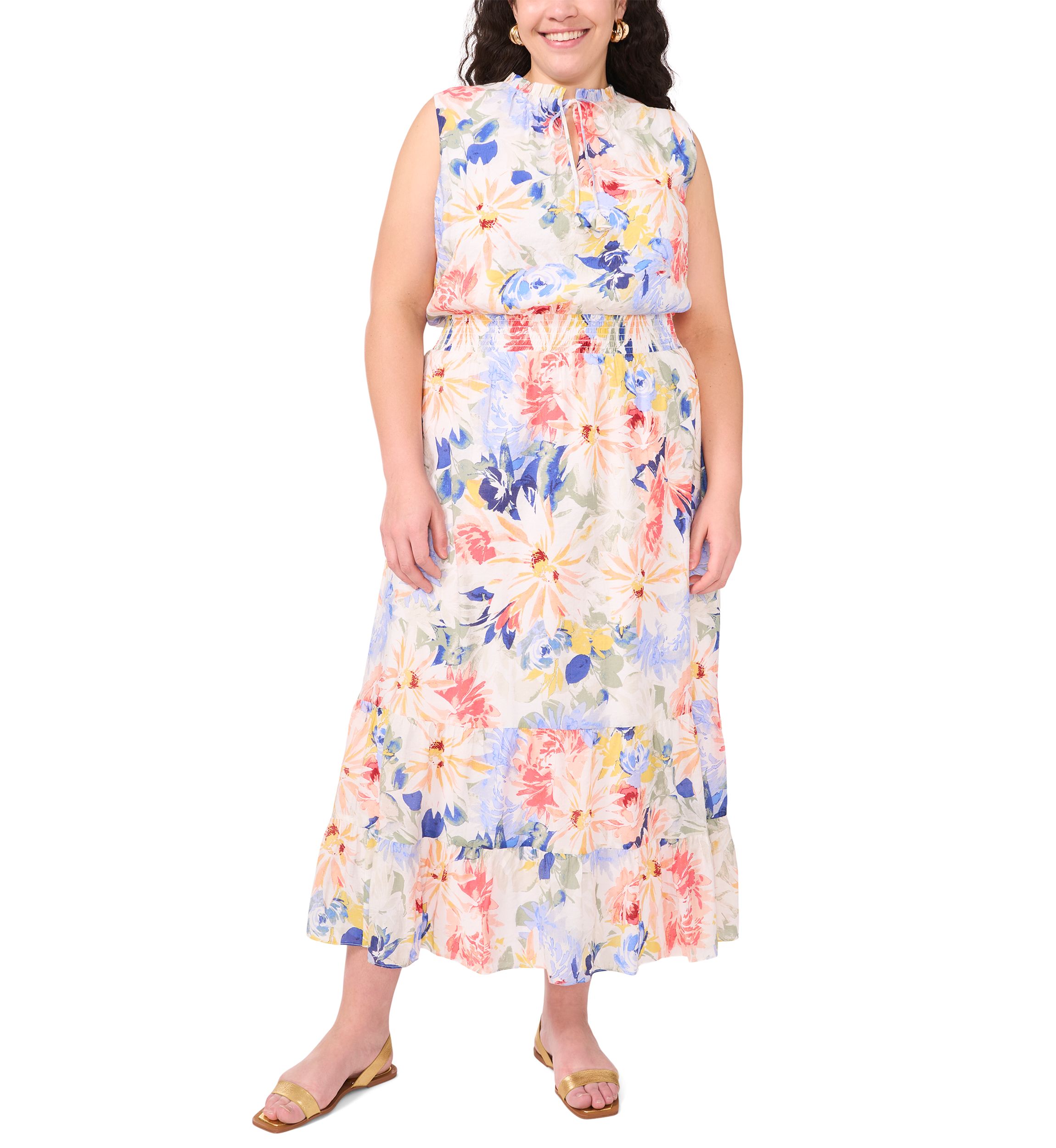 Plus Size Tie Neck Smocked Waist Printed Maxi Dress