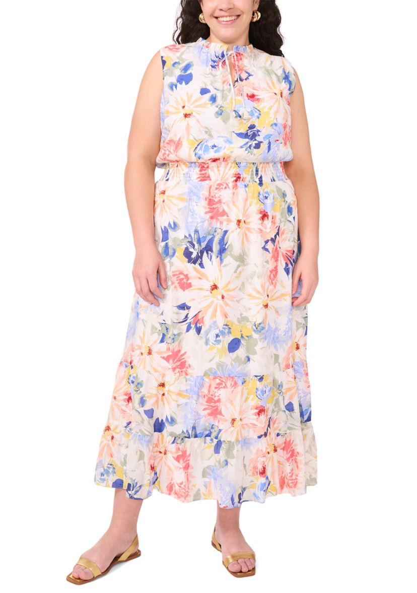 Plus Size Tie Neck Smocked Waist Printed Maxi Dress