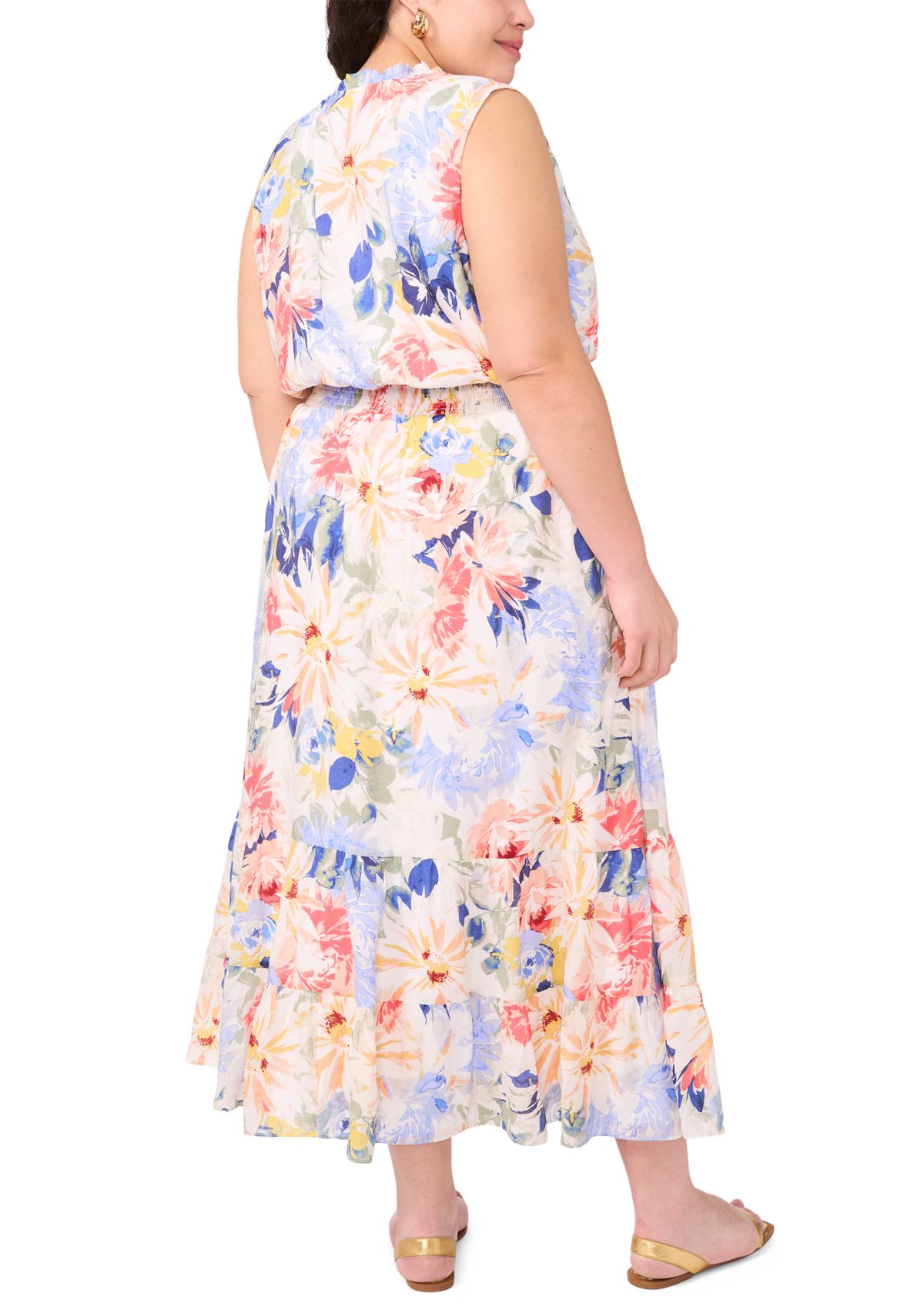Plus Size Tie Neck Smocked Waist Printed Maxi Dress