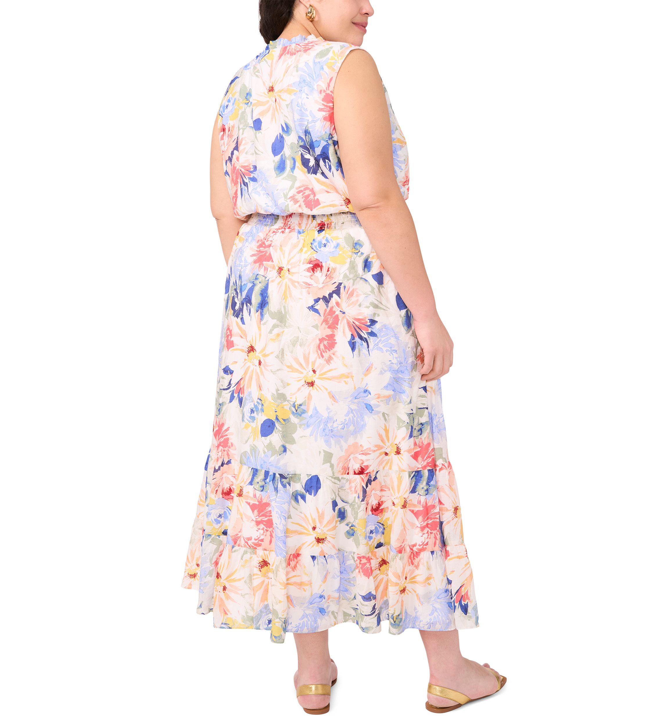 Plus Size Tie Neck Smocked Waist Printed Maxi Dress