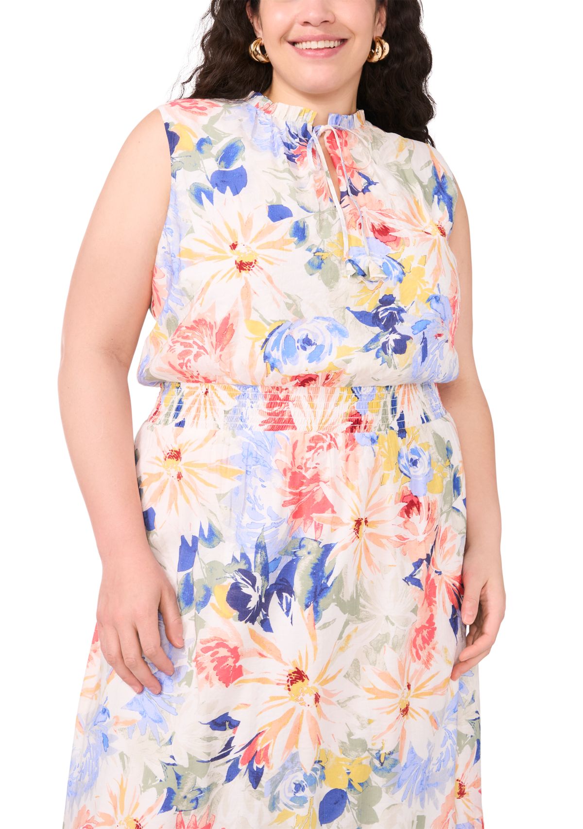 Plus Size Tie Neck Smocked Waist Printed Maxi Dress