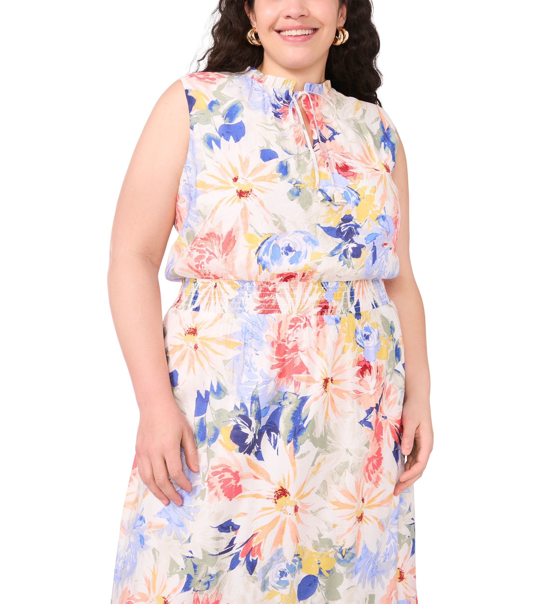 Plus Size Tie Neck Smocked Waist Printed Maxi Dress