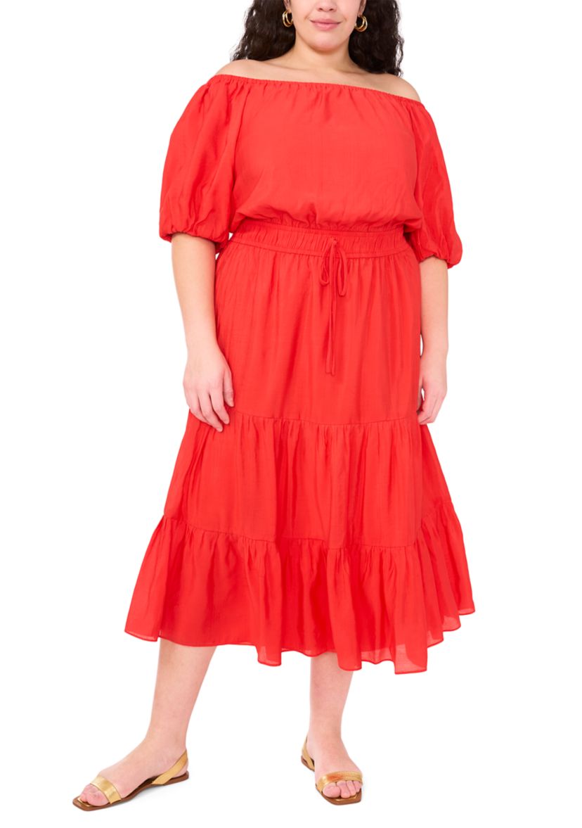 Plus Size Short Sleeve Pleated Off the Shoulder Dress