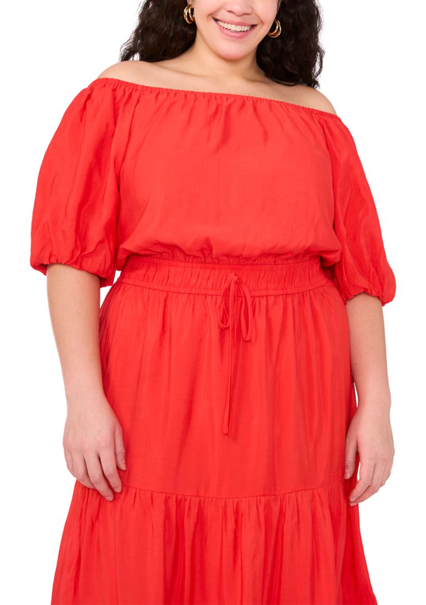 Plus Size Short Sleeve Pleated Off the Shoulder Dress