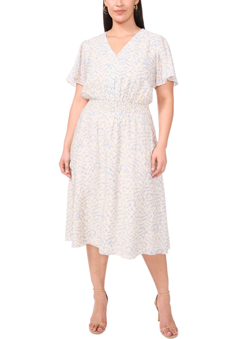 Plus Size V-Neck Flutter Sleeve Midi Dress 