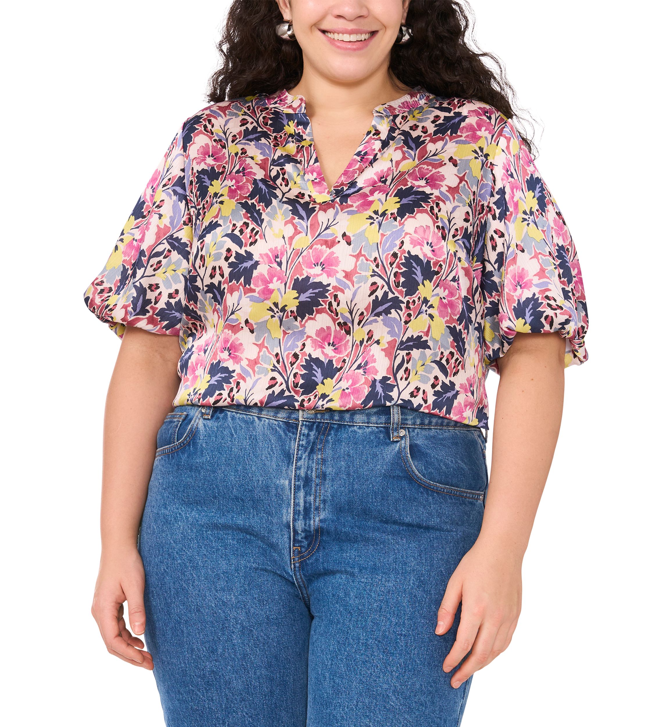 Plus Size 3/4 Puff Sleeve V-Neck Blouse 