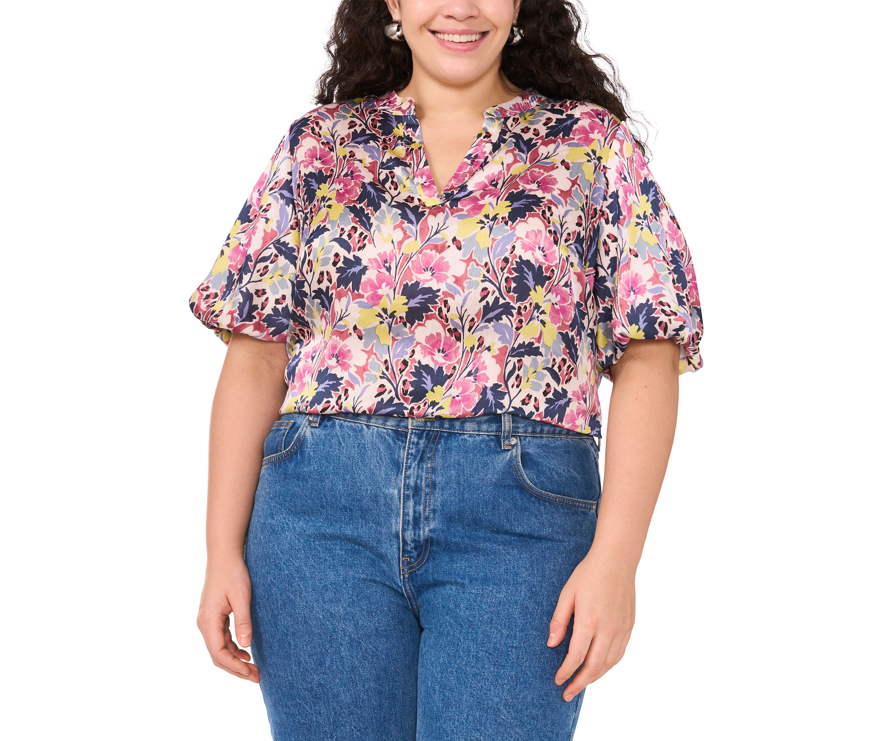 Plus Size 3/4 Puff Sleeve V-Neck Blouse 