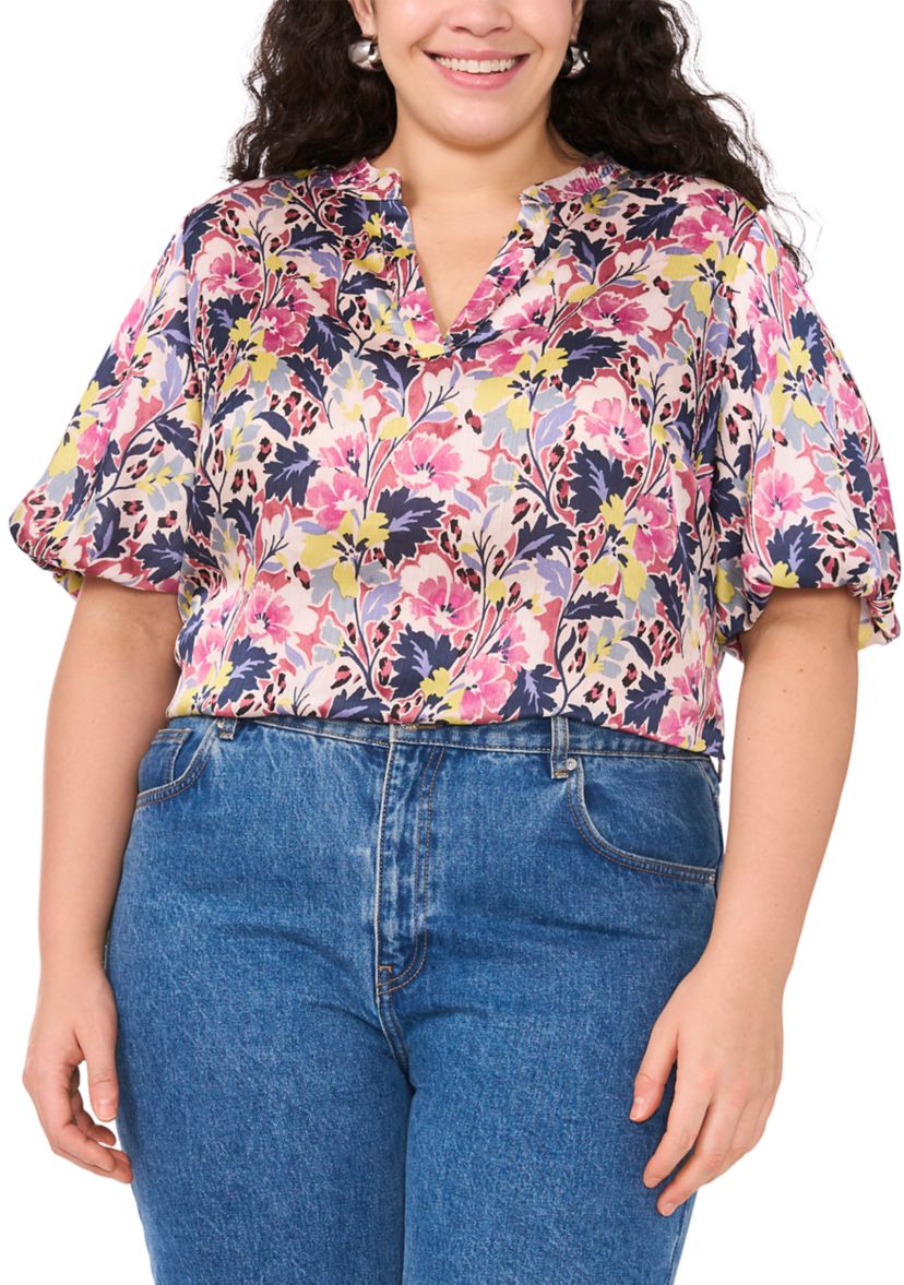 Plus Size 3/4 Puff Sleeve V-Neck Blouse 
