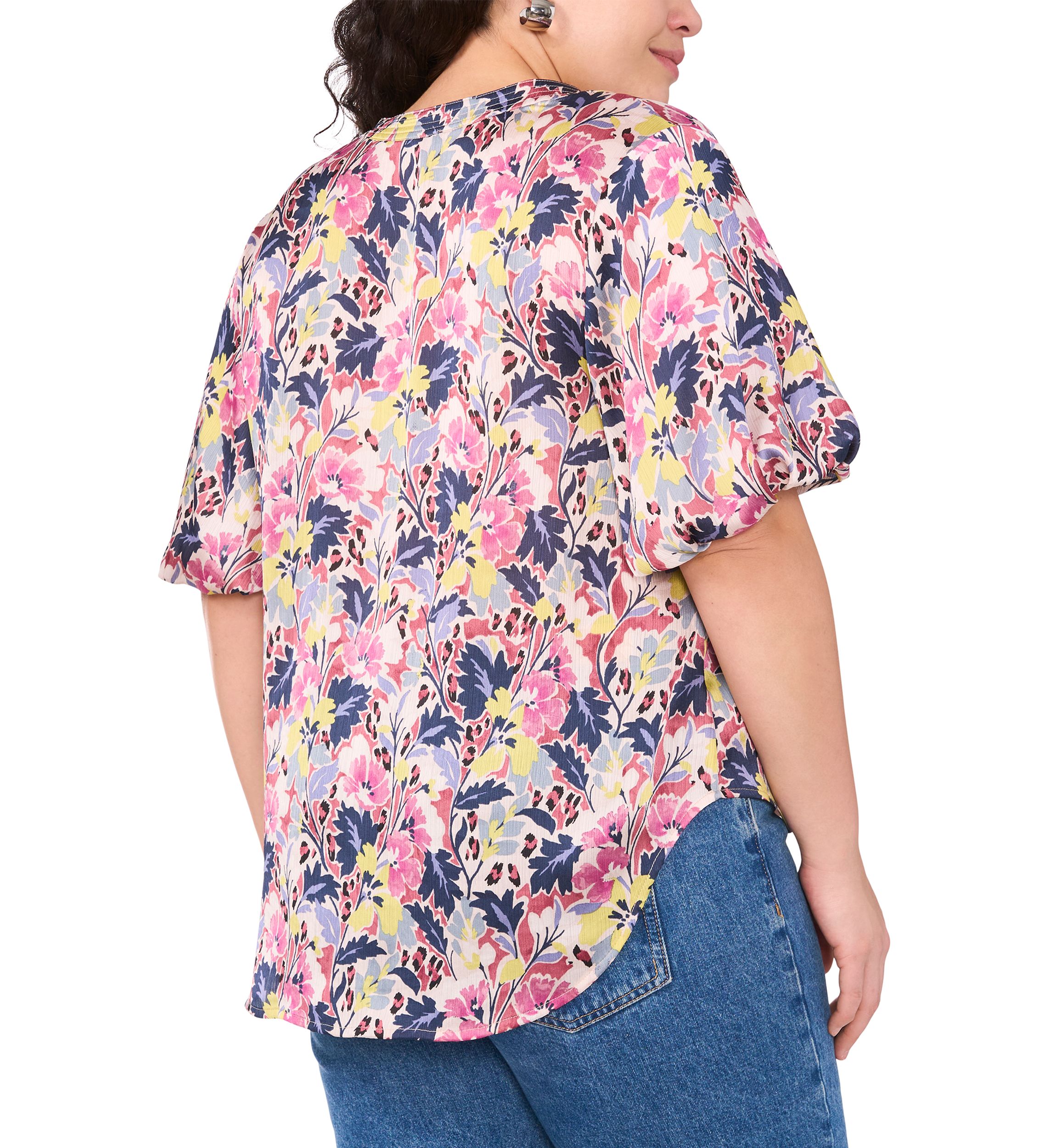 Plus Size 3/4 Puff Sleeve V-Neck Blouse 