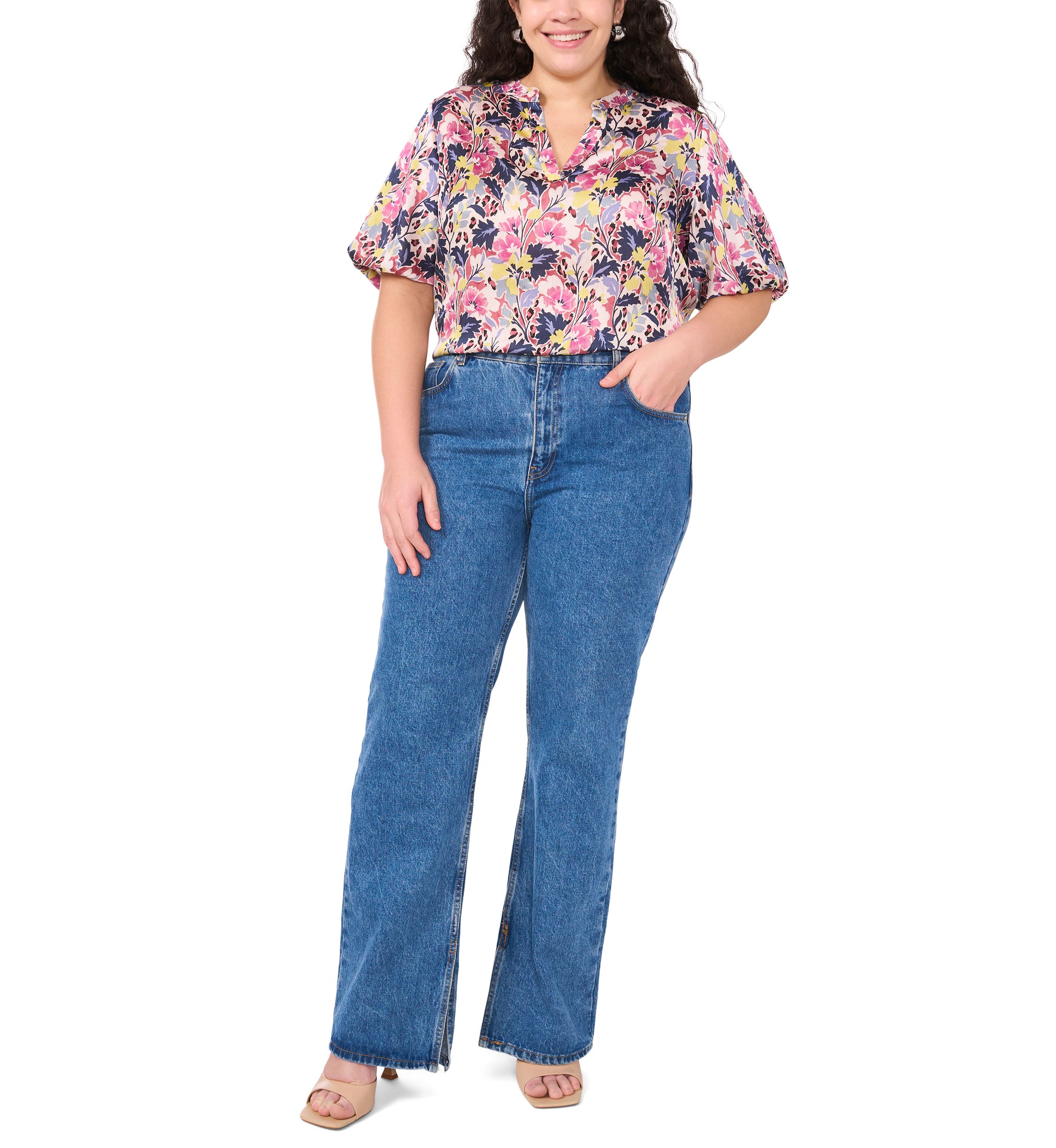 Plus Size 3/4 Puff Sleeve V-Neck Blouse 