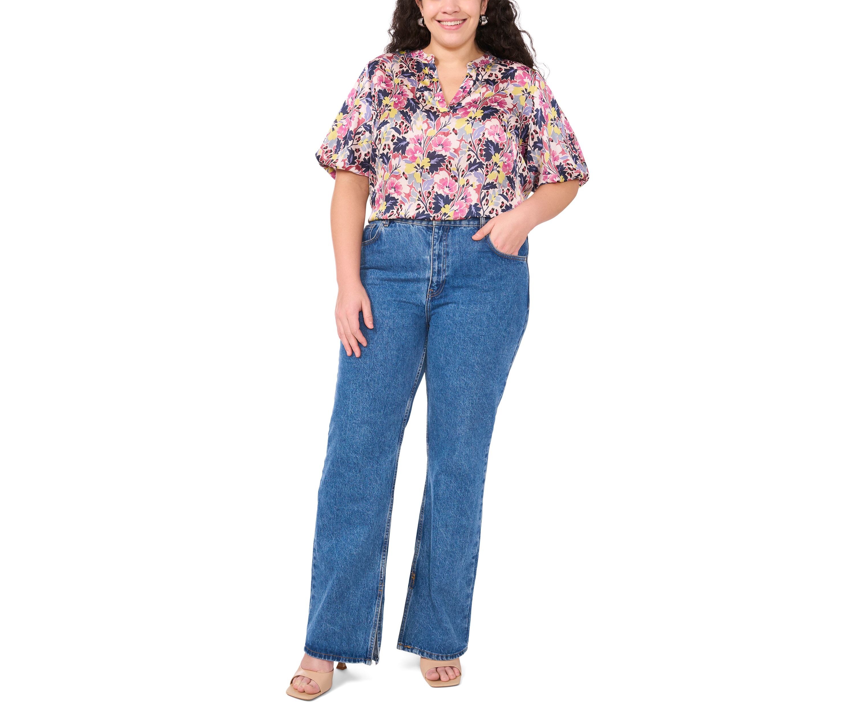 Plus Size 3/4 Puff Sleeve V-Neck Blouse 