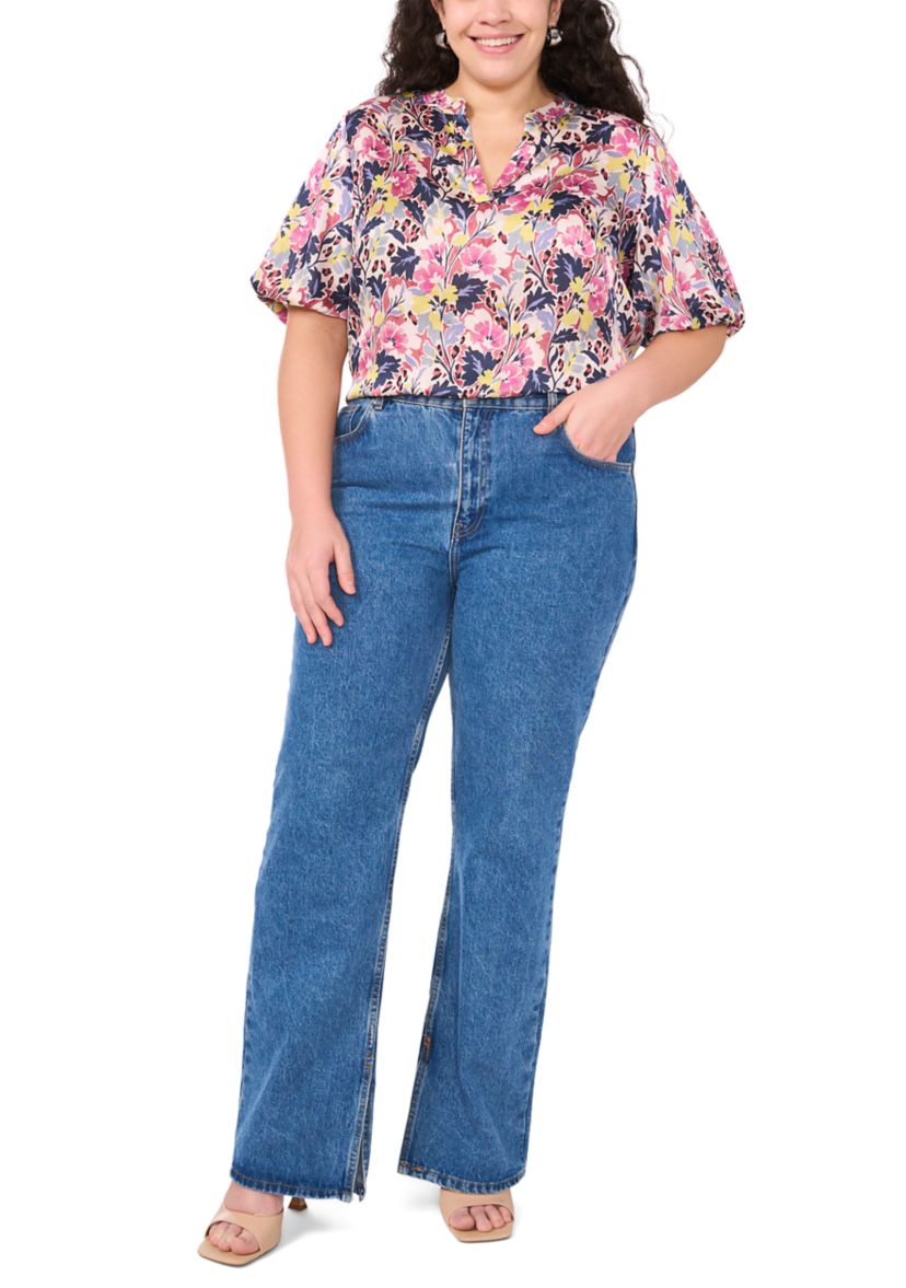 Plus Size 3/4 Puff Sleeve V-Neck Blouse 