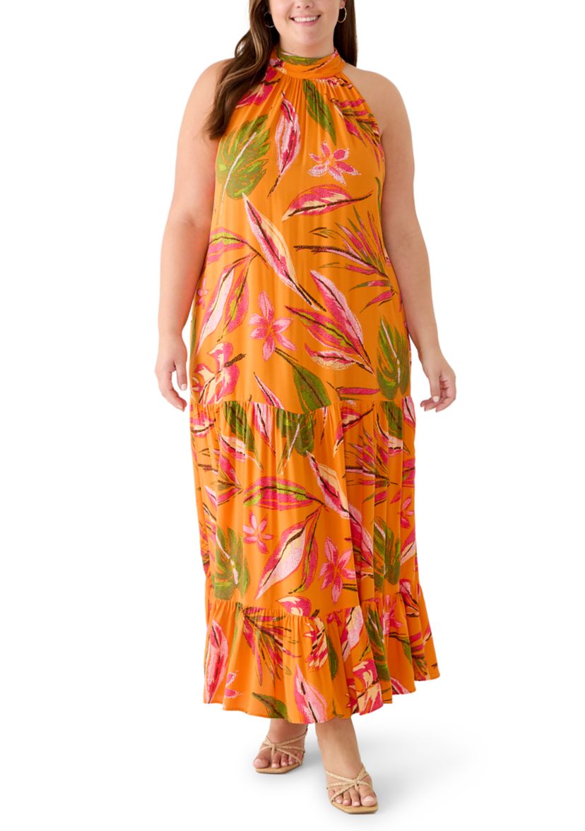 vince camuto halter neck dress Vince Camuto Knit Floral Print Halter Neck Sleeveless Smocked Waist Maxi  A-Line Dress