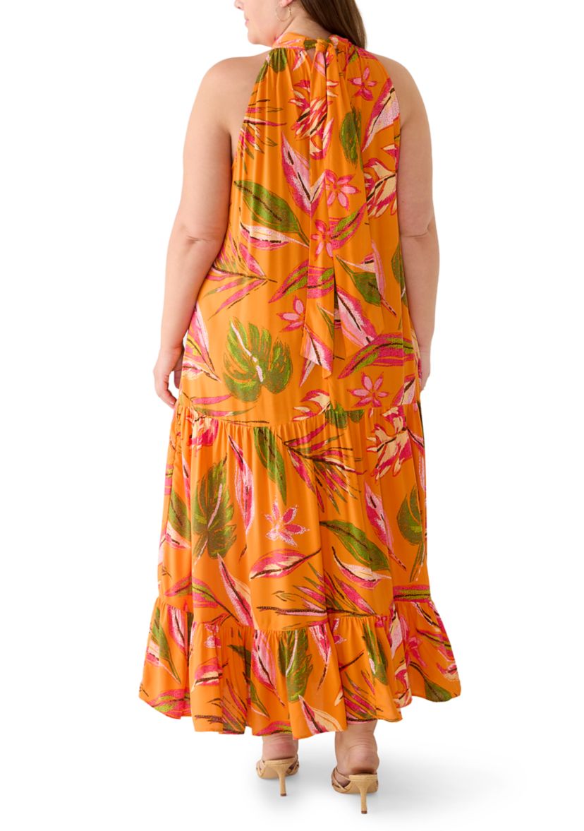 plus size halter neck maxi dress Final Sale Plus Size Sleeveless Chiffon Chain Halter Neck Maxi Dress in Ivory Floral Print