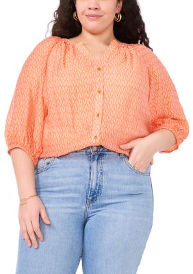 Vince Camuto Women's Plus Size 3/4 Sleeve Woven Printed Blouse, Orange, 3X