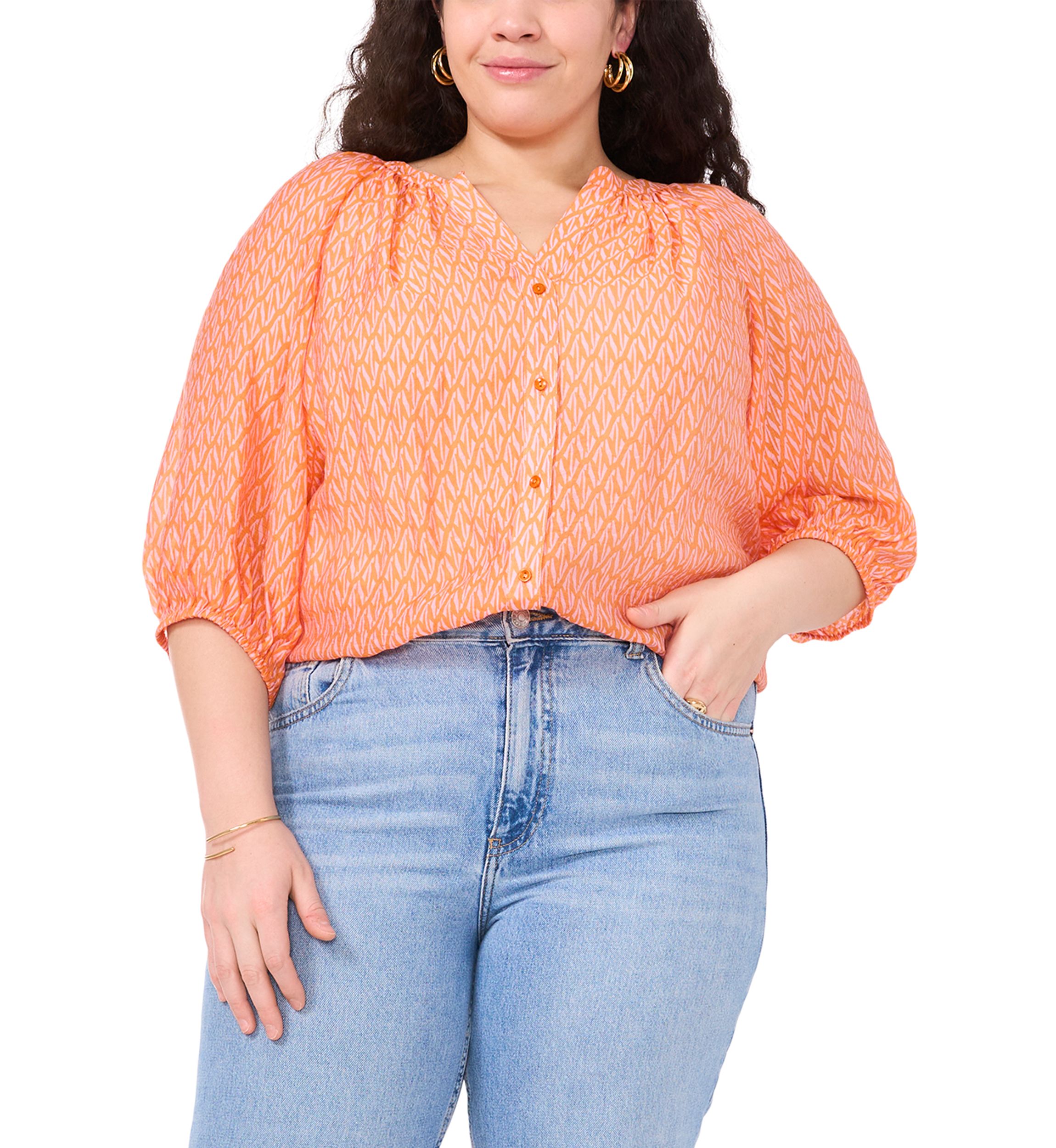 Plus Size 3/4 Sleeve Woven Printed Blouse
