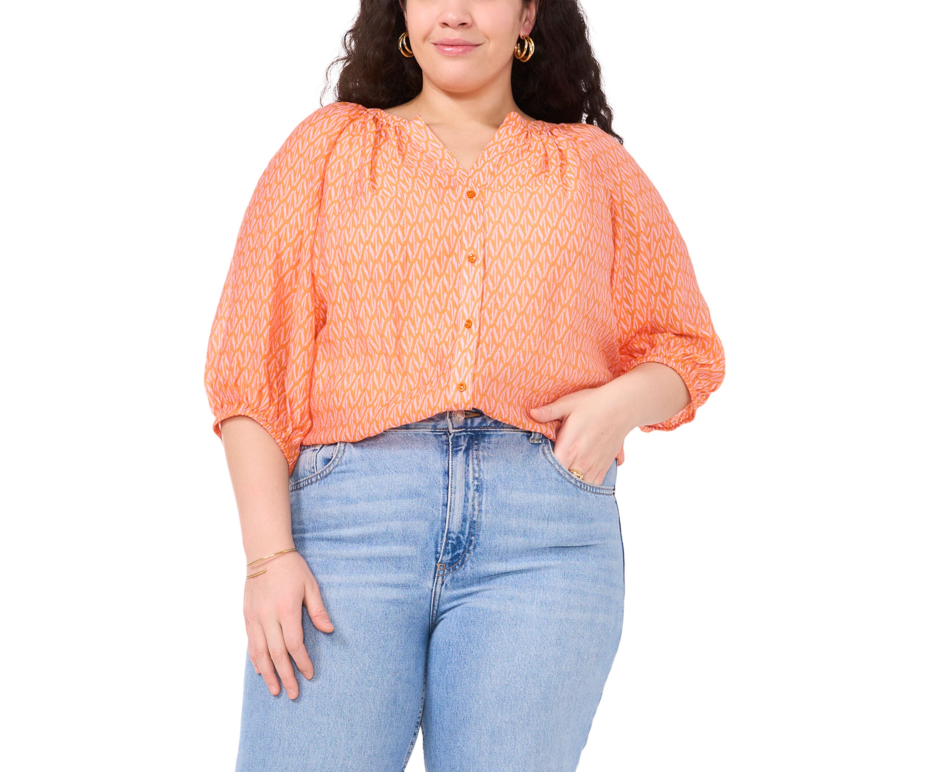 Plus Size 3/4 Sleeve Woven Printed Blouse