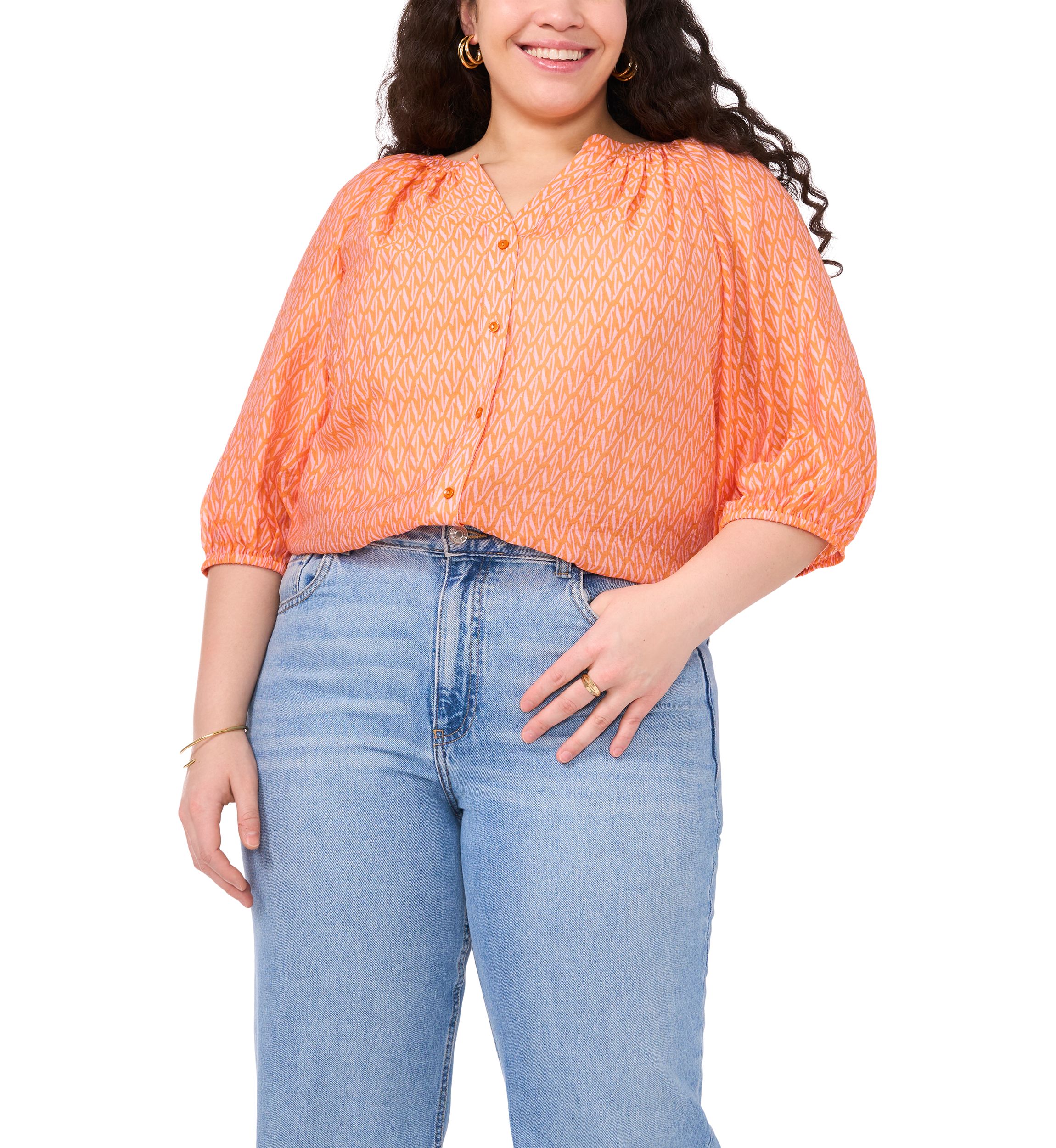 Plus Size 3/4 Sleeve Woven Printed Blouse