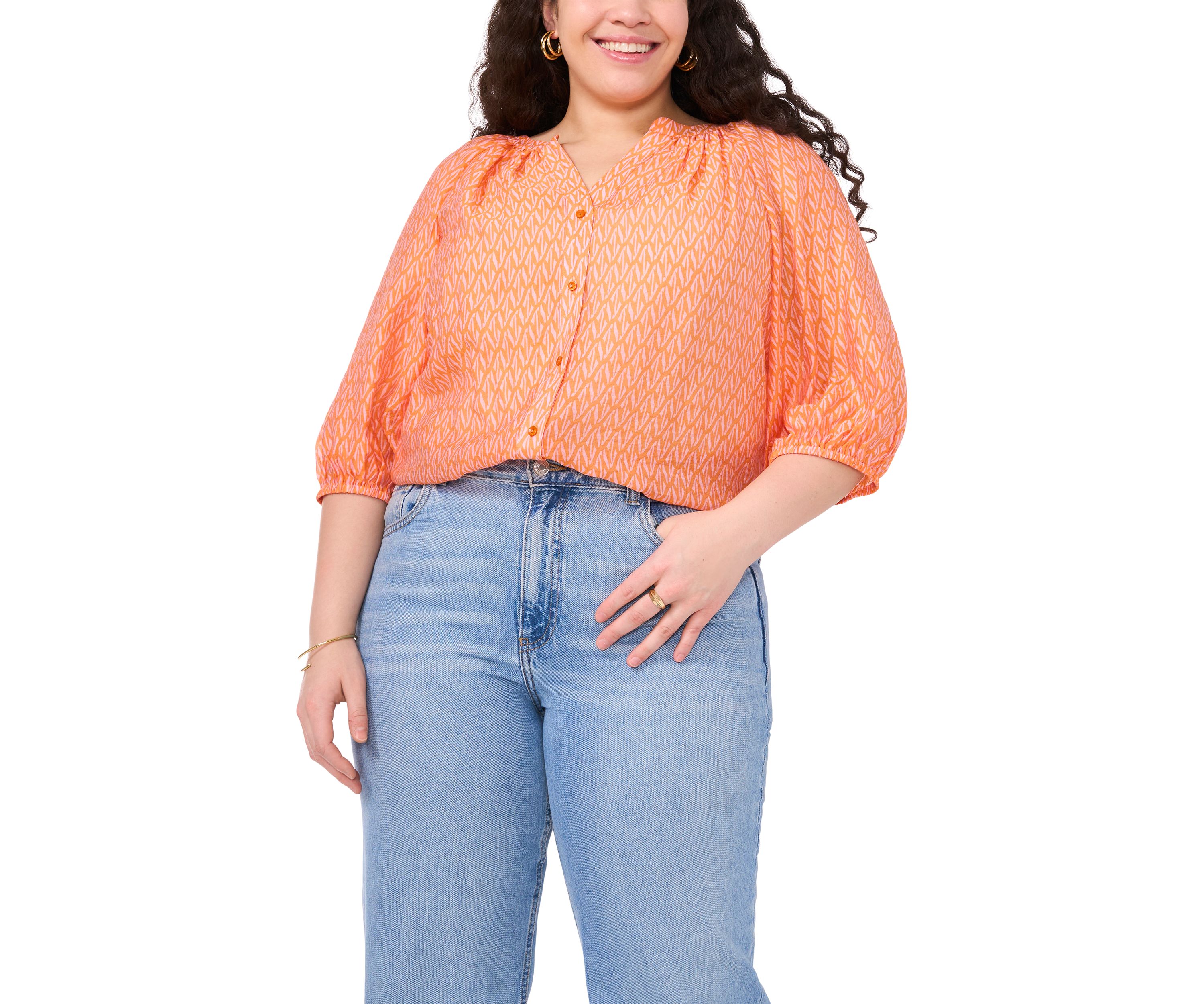 Plus Size 3/4 Sleeve Woven Printed Blouse