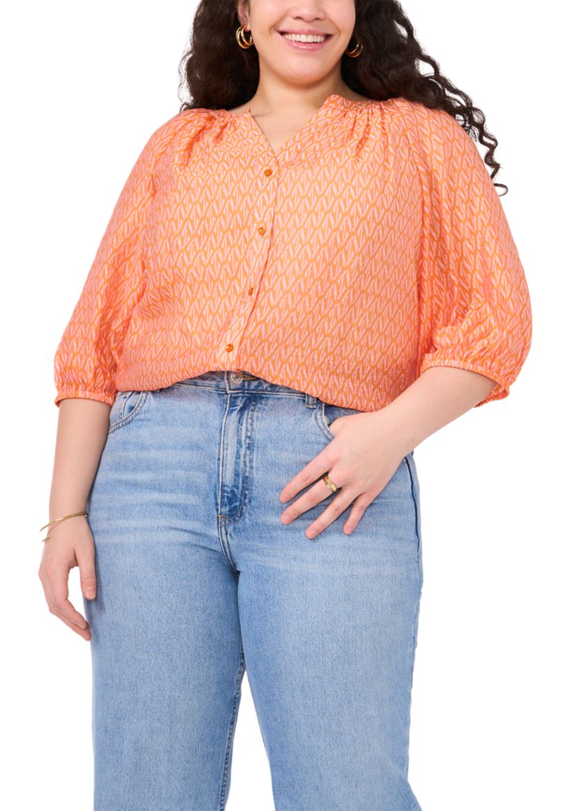 Plus Size 3/4 Sleeve Woven Printed Blouse