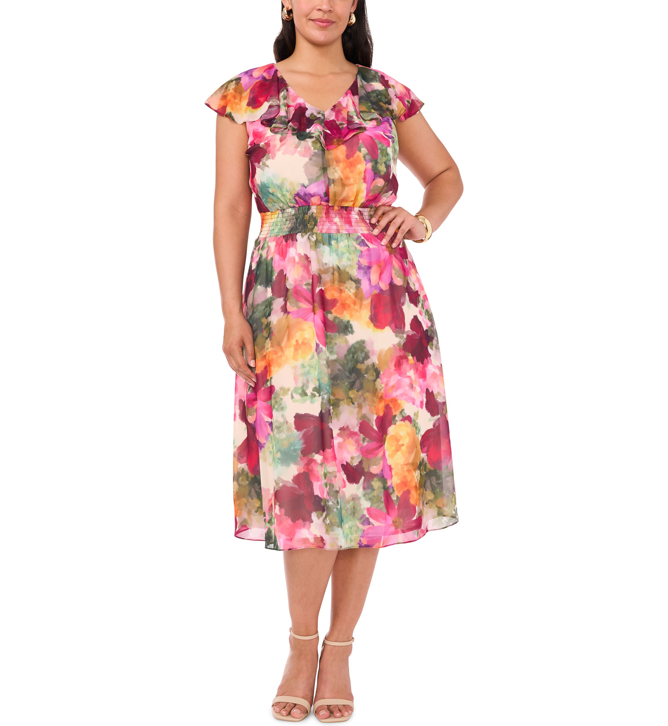 Plus V-Neck Printed Smocked Waist Midi Dress