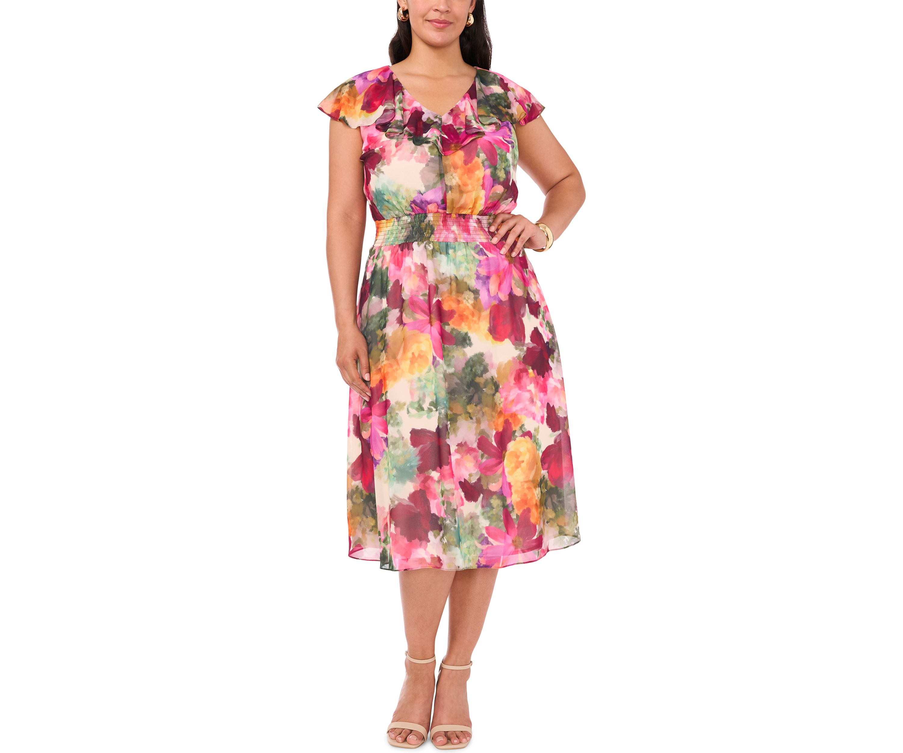 Plus V-Neck Printed Smocked Waist Midi Dress