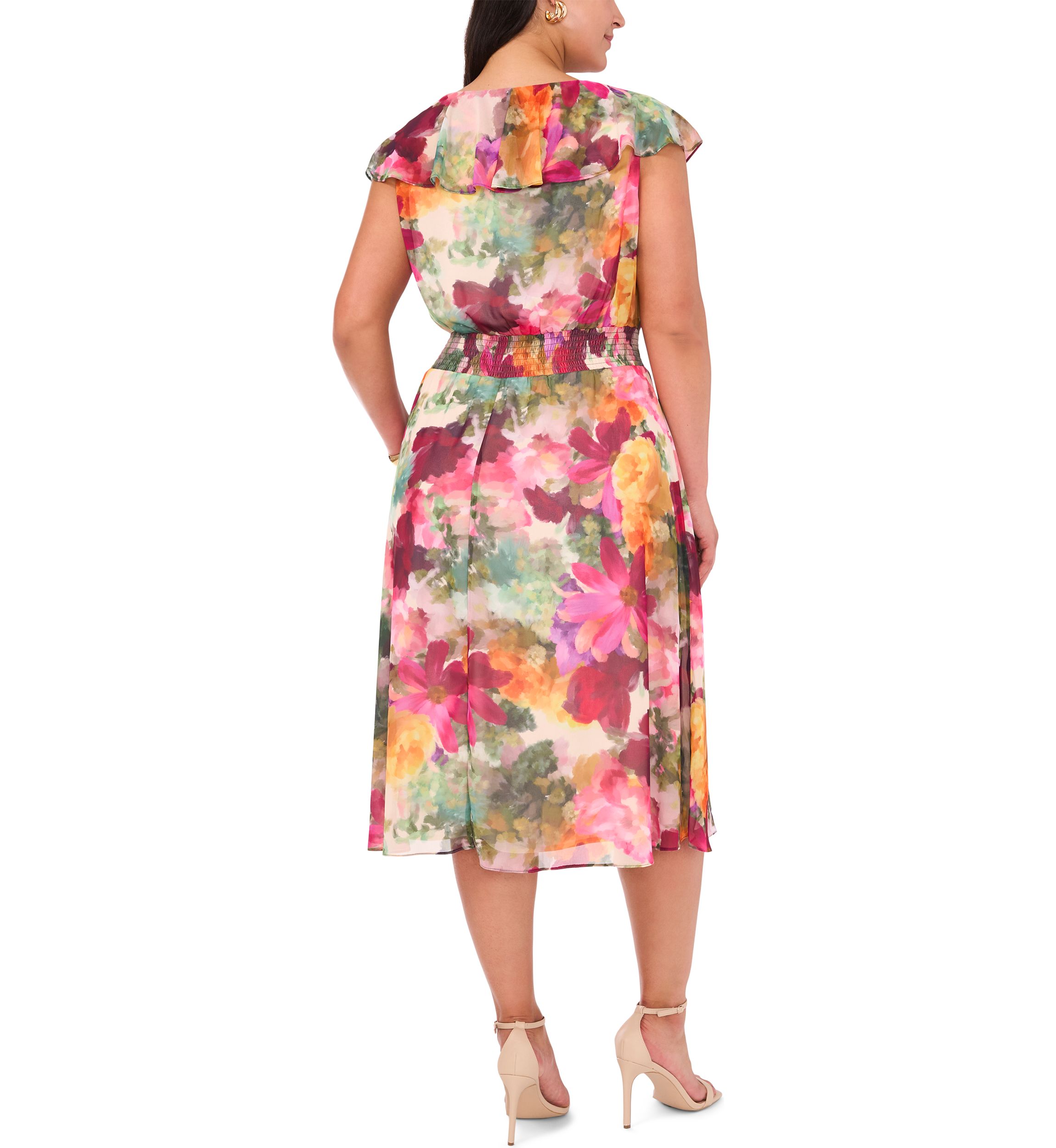 Plus V-Neck Printed Smocked Waist Midi Dress