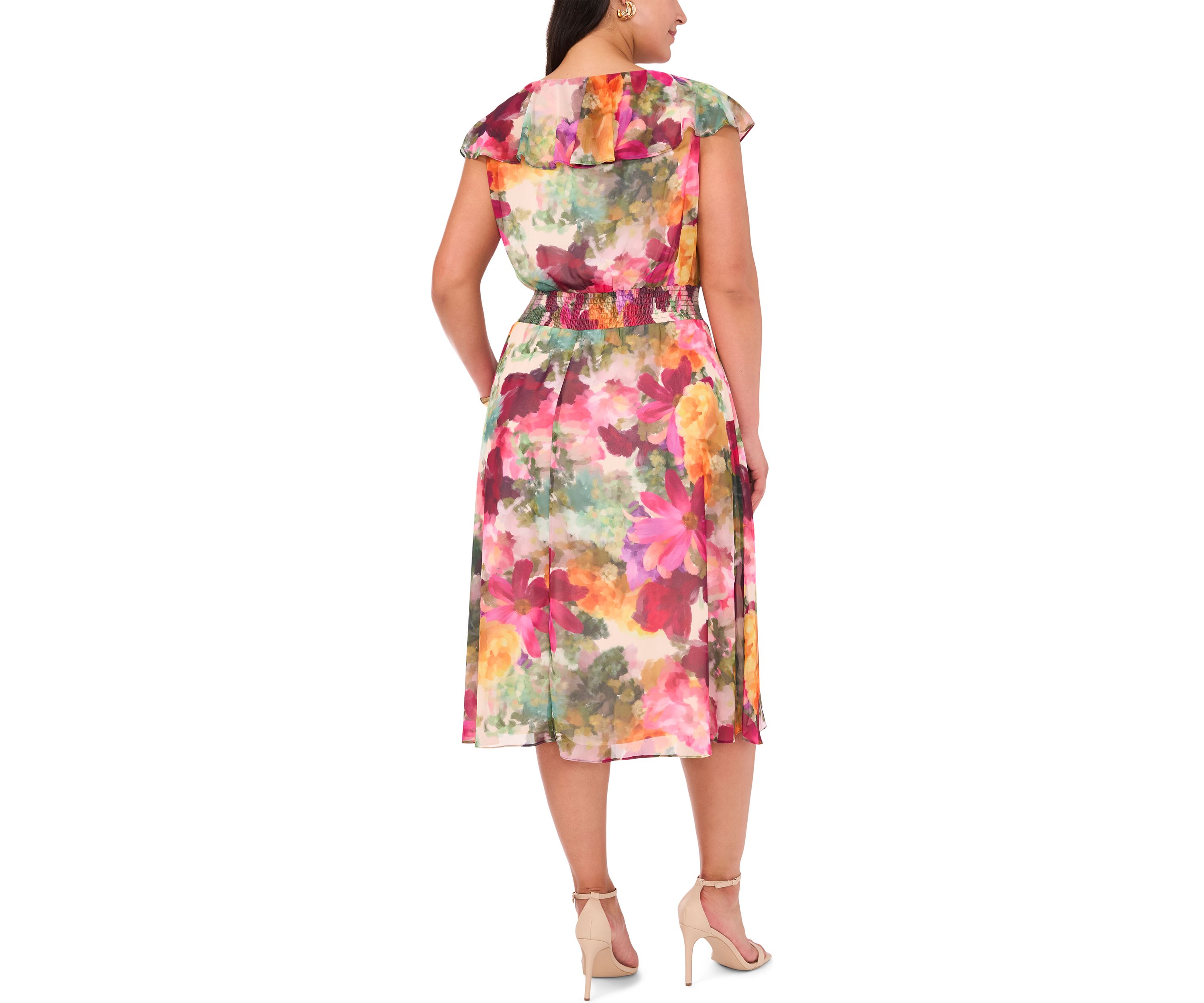 Plus V-Neck Printed Smocked Waist Midi Dress